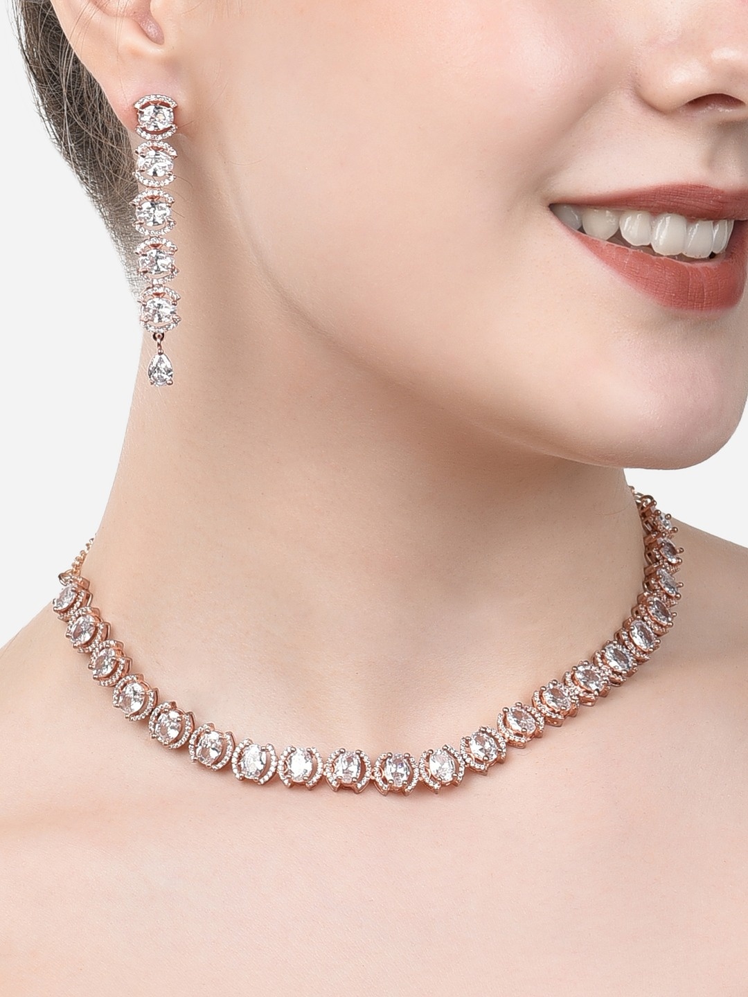 

AMI Rose Gold-Plated White CZ-Studded & Beaded Jewellery Set