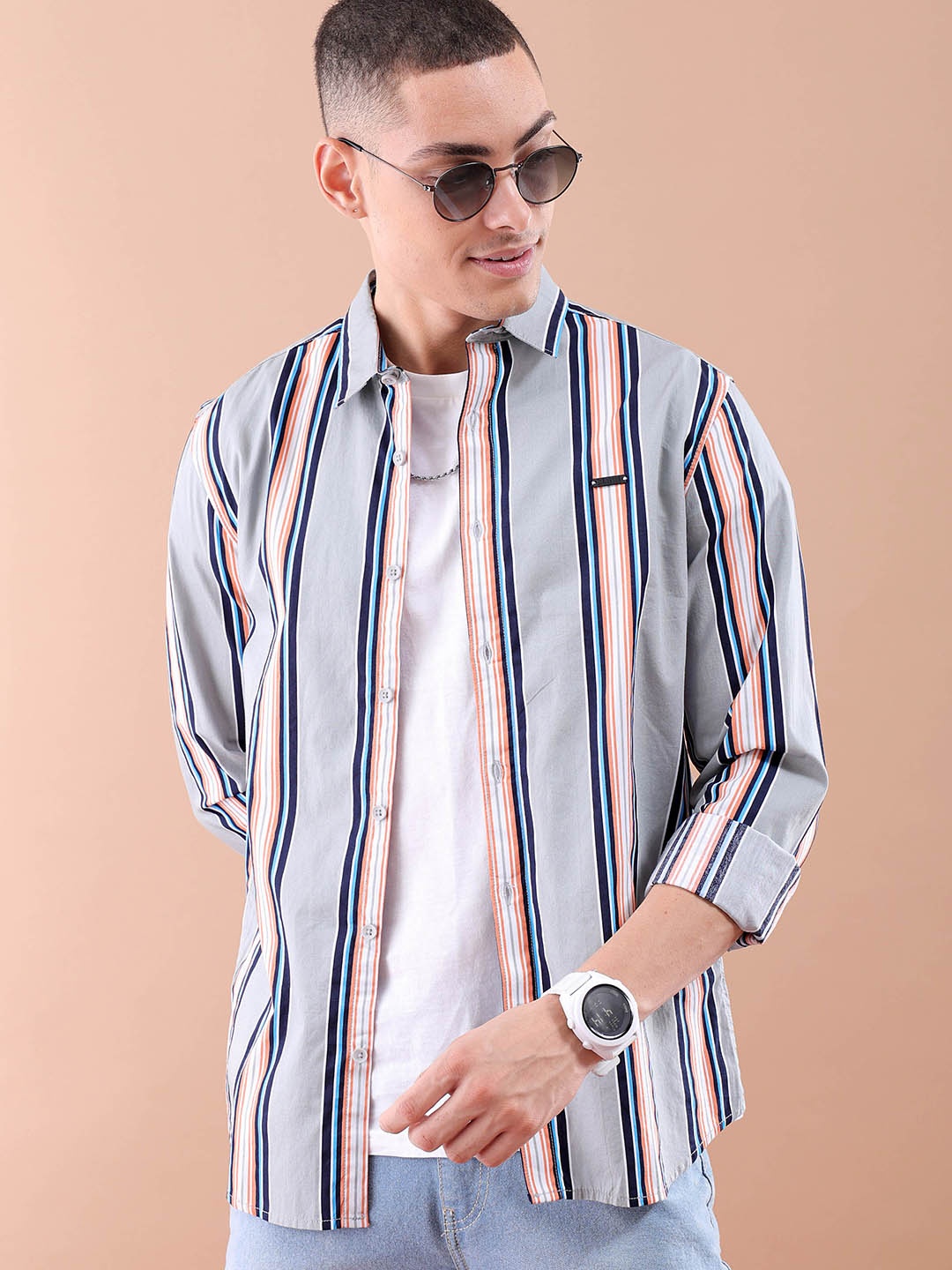

The Indian Garage Co Men Grey Striped Casual Shirt