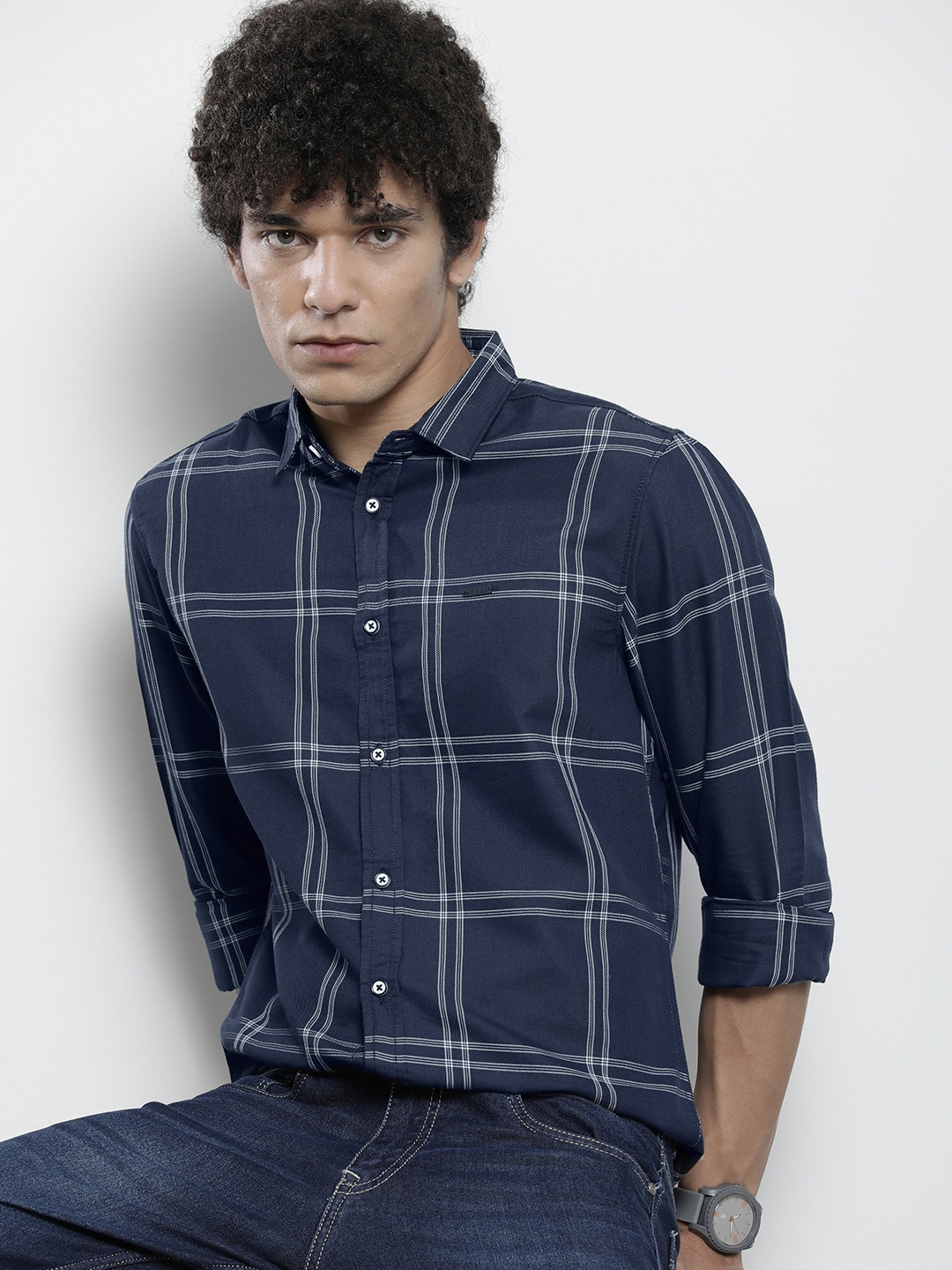 

The Indian Garage Co Men Navy Blue & White Tartan Checks Checked Casual Shirt