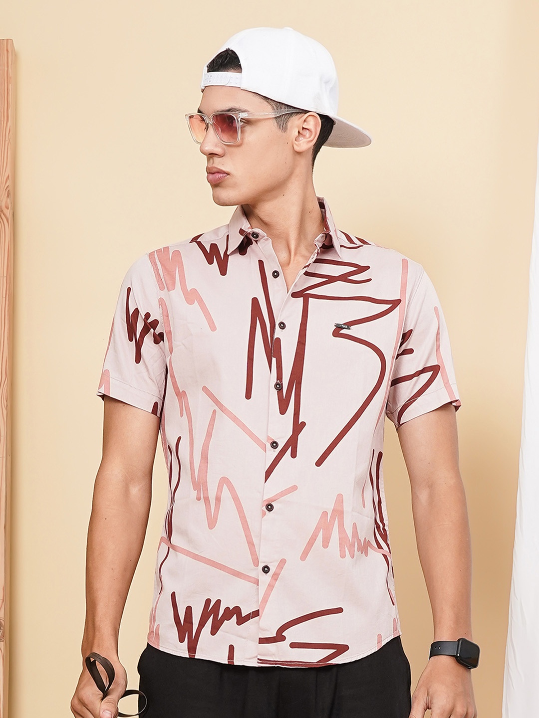 

The Indian Garage Co Men Pink & Rust Brown Printed Cotton Casual Shirt