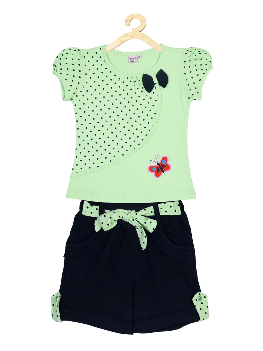 

POMY & JINNY Girls Green & Navy Blue Printed Top with Shorts
