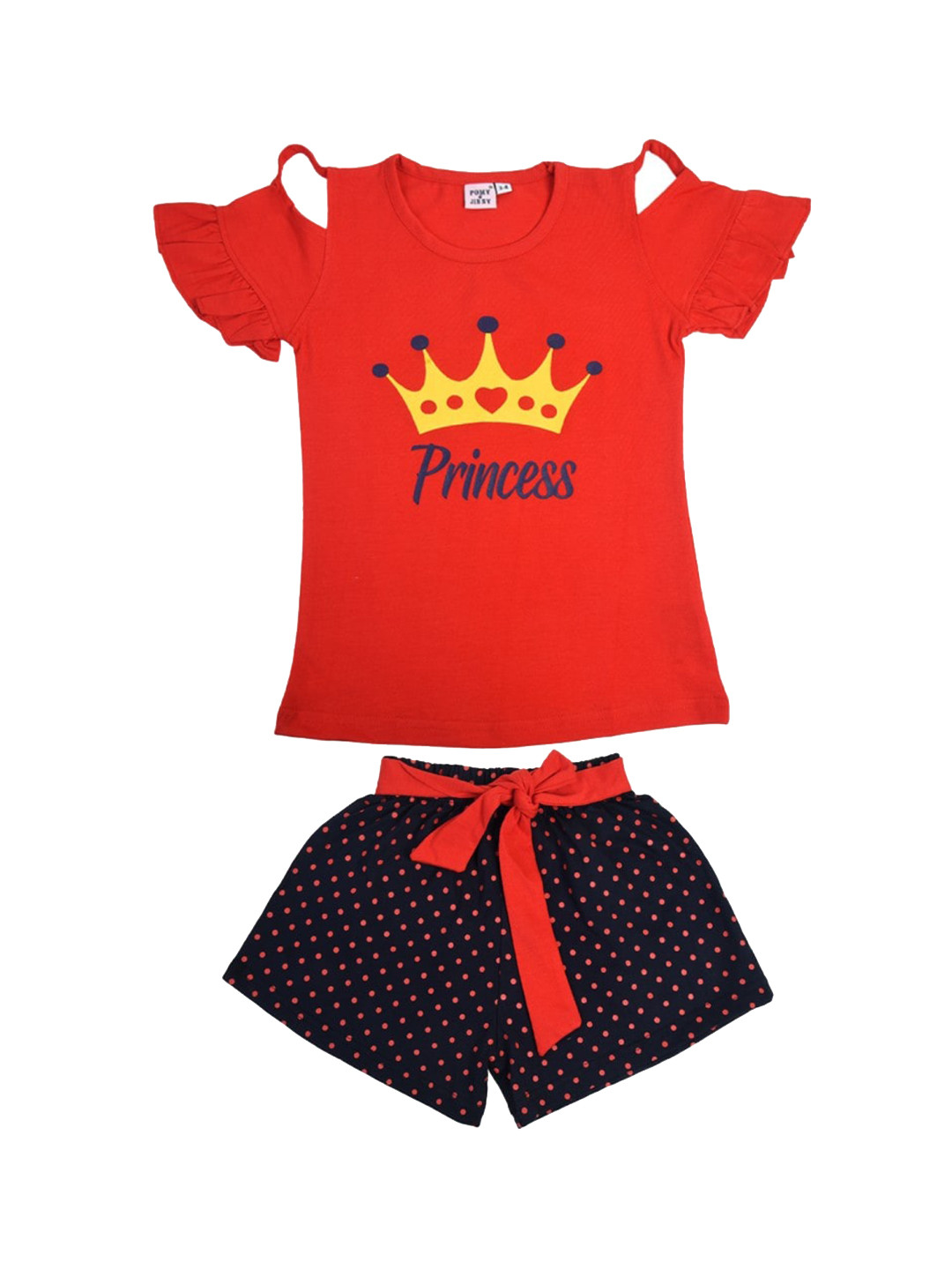 

POMY & JINNY Girls Red And Navy Blue T Shirt And Printed Short Clothing Set