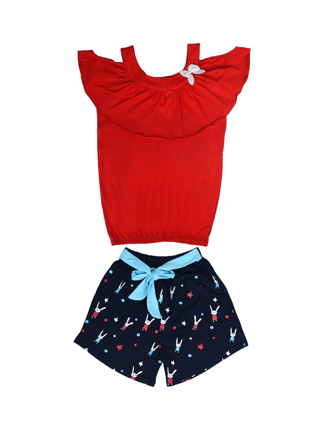 

POMY & JINNY Girls Red & Navy Blue Pure Cotton Top with Shorts