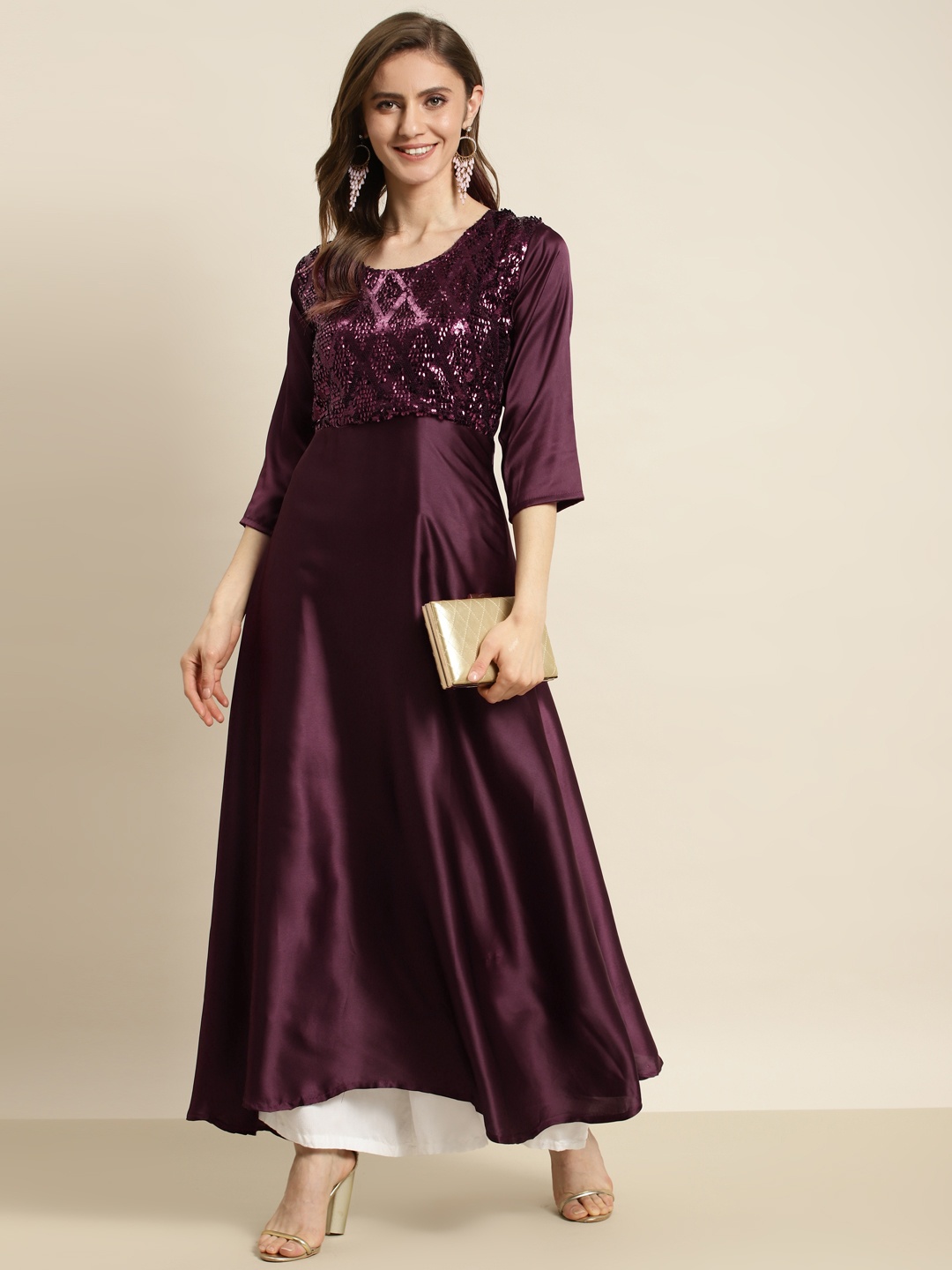 

Tikhi Imli Women Burgundy Sequined Satin Anarkali Kurta