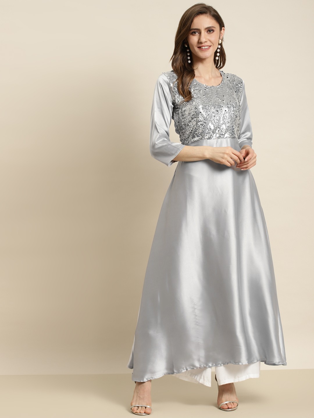 

Tikhi Imli Women Silver-Toned Sequined Satin Anarkali Kurta
