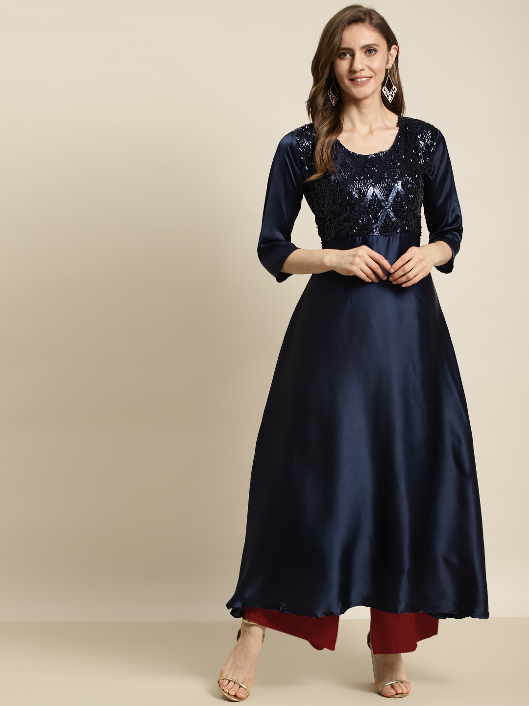 

Tikhi Imli Women Navy Blue Sequined Satin Anarkali Kurta