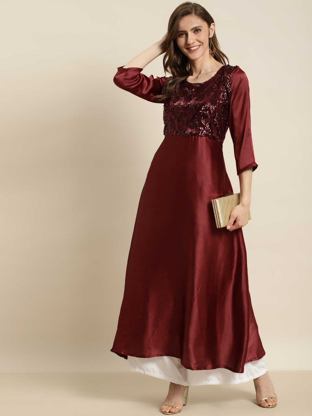 

Tikhi Imli Women Maroon Sequined Satin Anarkali Kurta