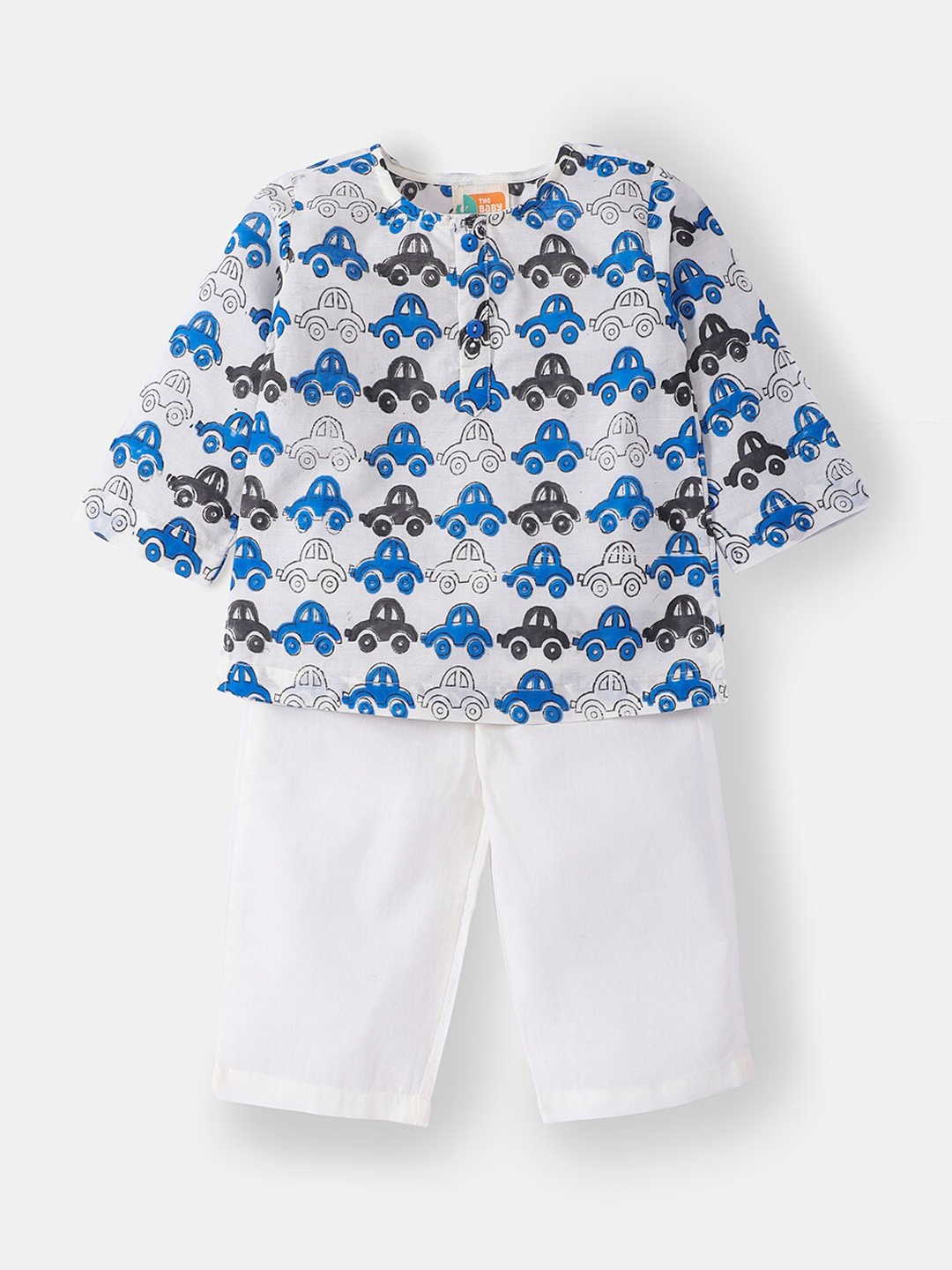 

THE BABY LABEL Kids Blue Vroom Vroom Pure Cotton Hand-Block Kurta Pyjama