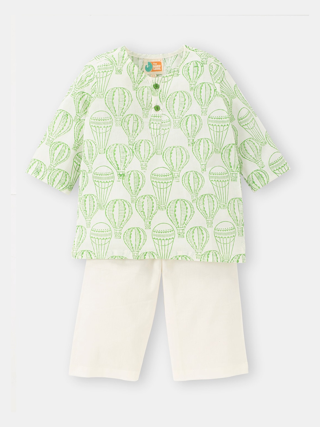

THE BABY LABEL Kids Balloon Trip Pure Cotton Hand-Block Print Kurta Pyjamas, Green