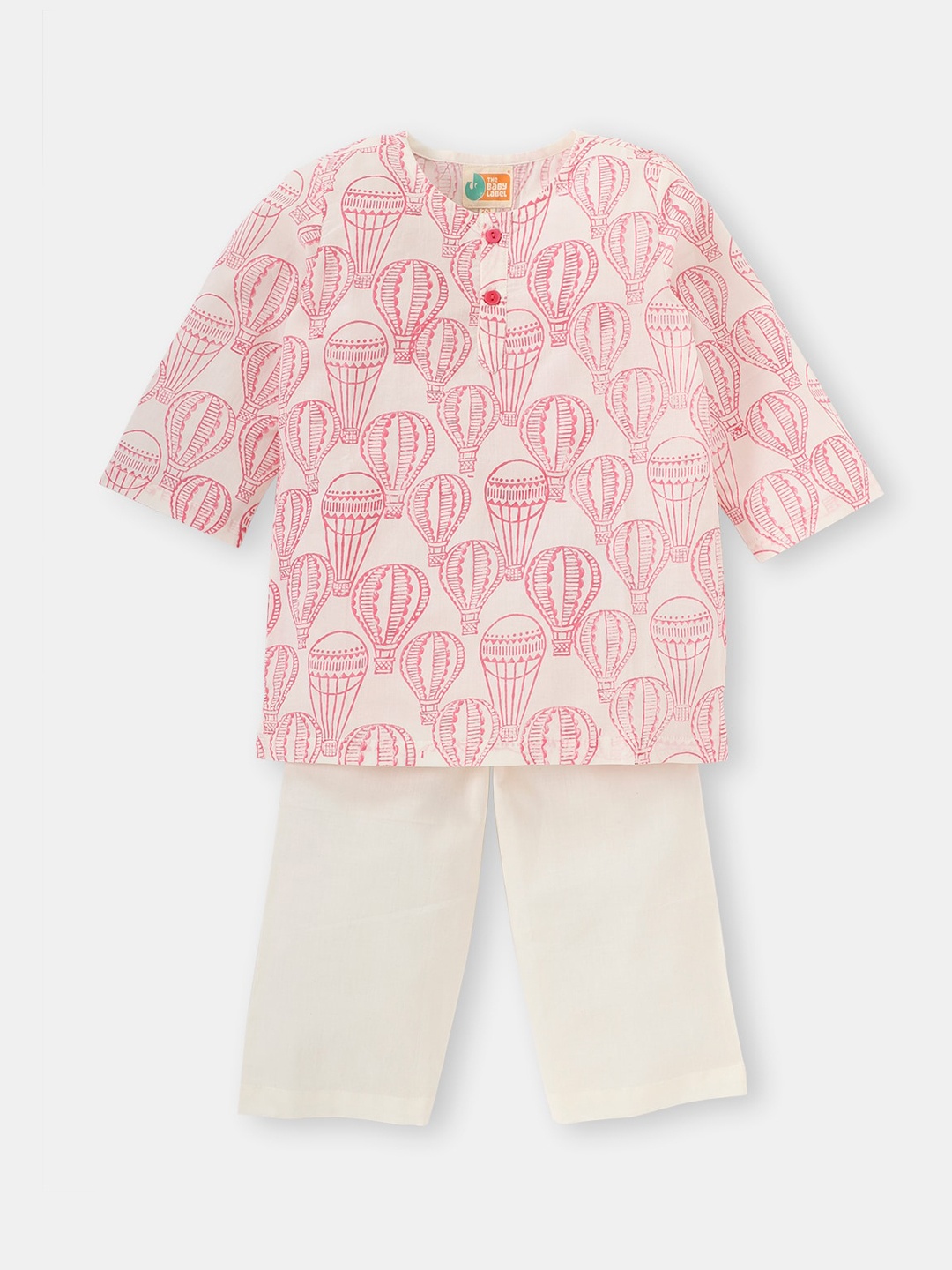 

THE BABY LABEL Kids Pink Balloon Trip Pure Cotton Hand-Block Kurta Pyjamas