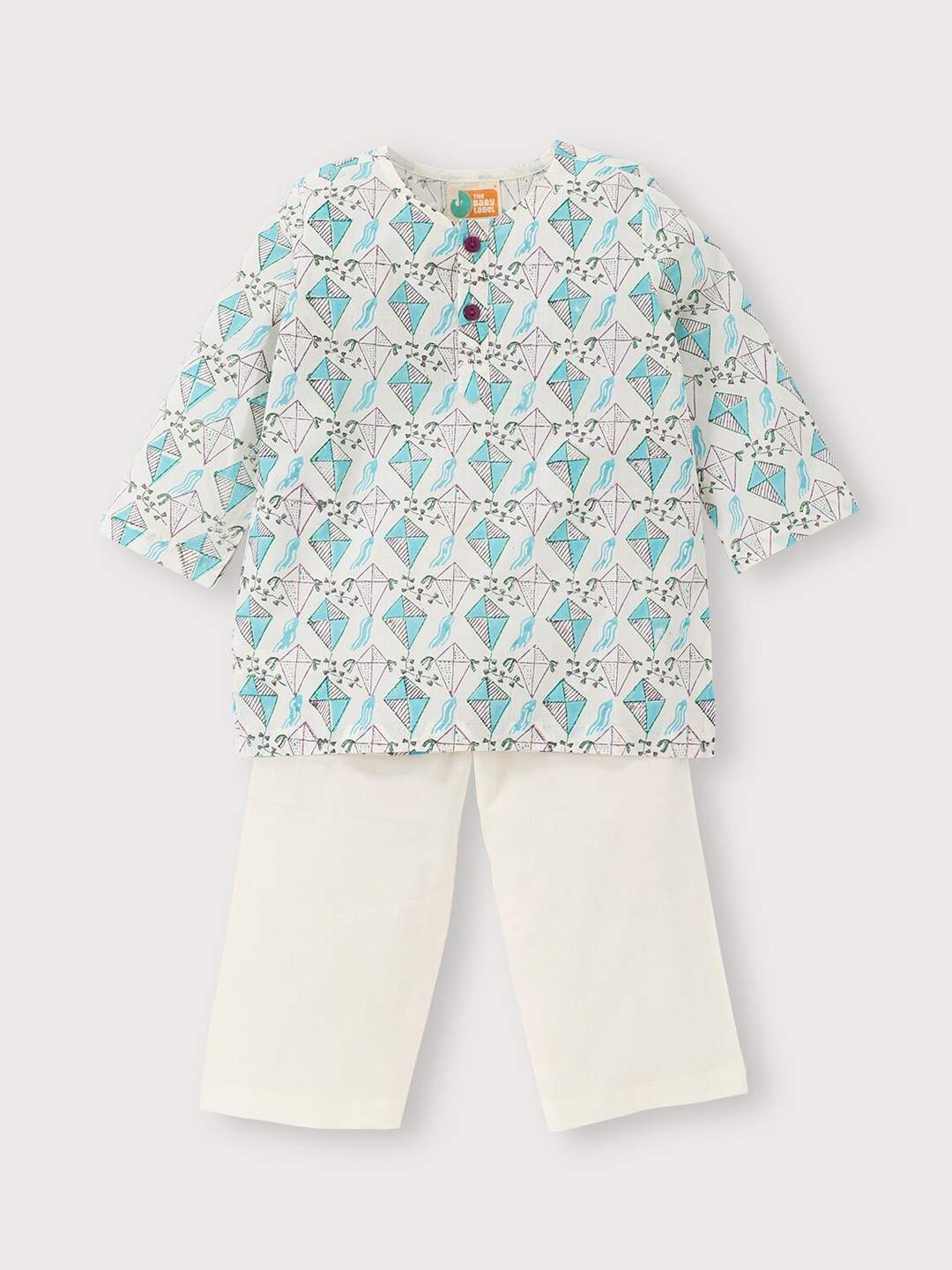

THE BABY LABEL Unisex Kids Blue Spring Day Kites Pure Cotton Hand-Block Kurta Pajama, Teal