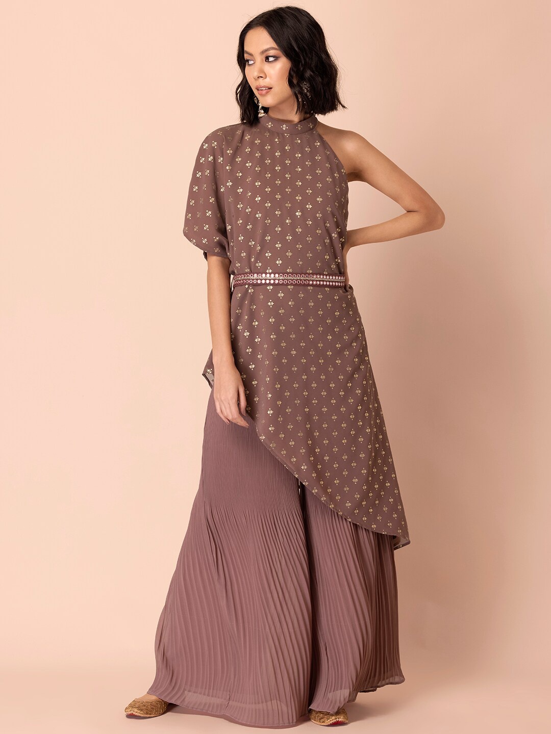 

Rang by Indya Women Pink Ethnic Motifs Halter Neck Extended Sleeves Georgette Kurta