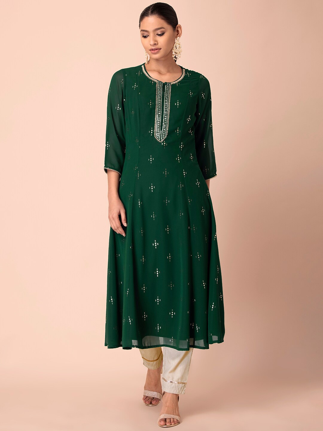 

Rang by Indya Women Green & Yellow Ethnic Motifs Embroidered Flared Sleeves Thread Work Georgette Anarkali Kurta