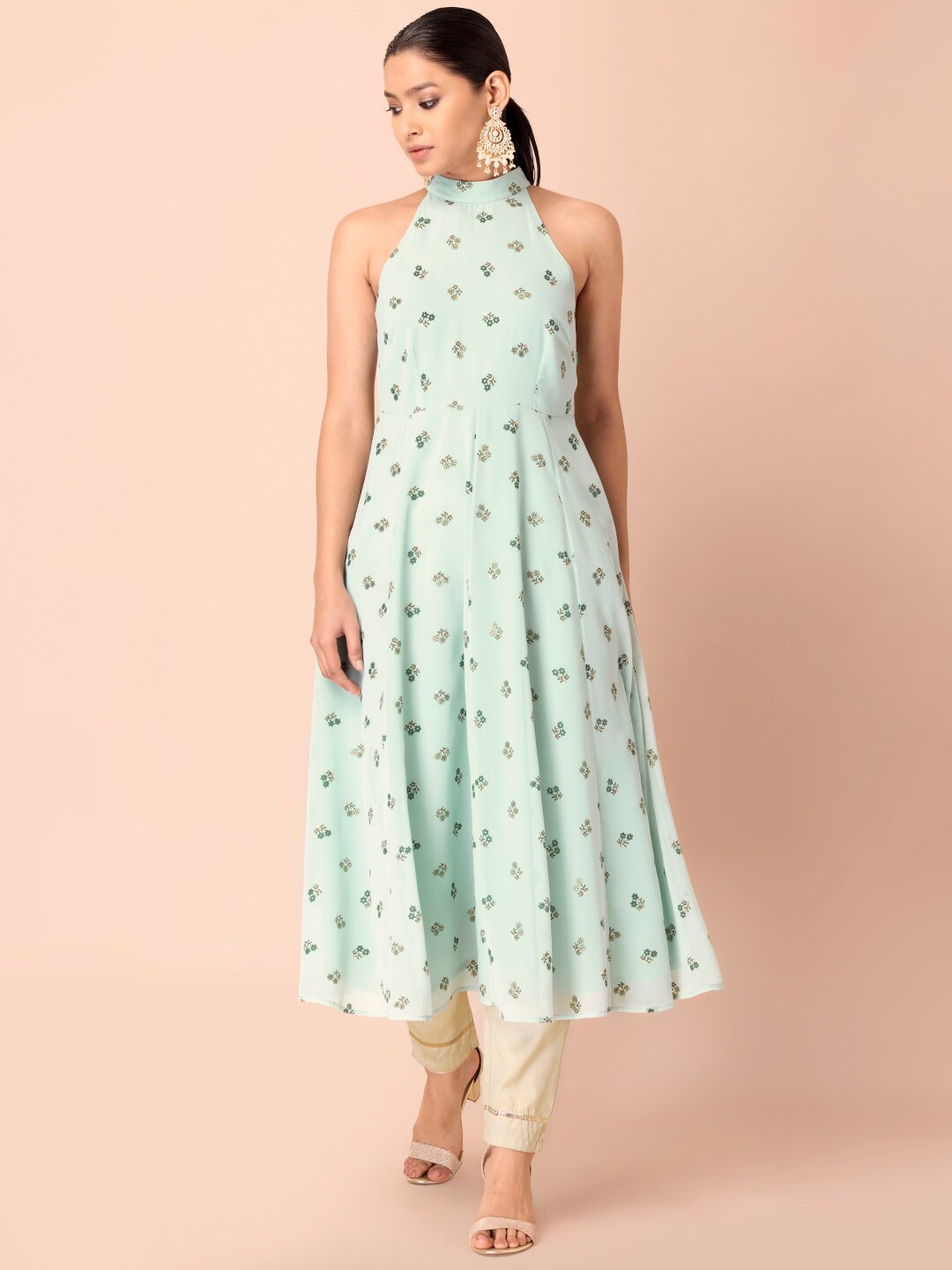 

Rang by Indya Women Green Floral Printed Halter Neck Pastels Anarkali Kurta