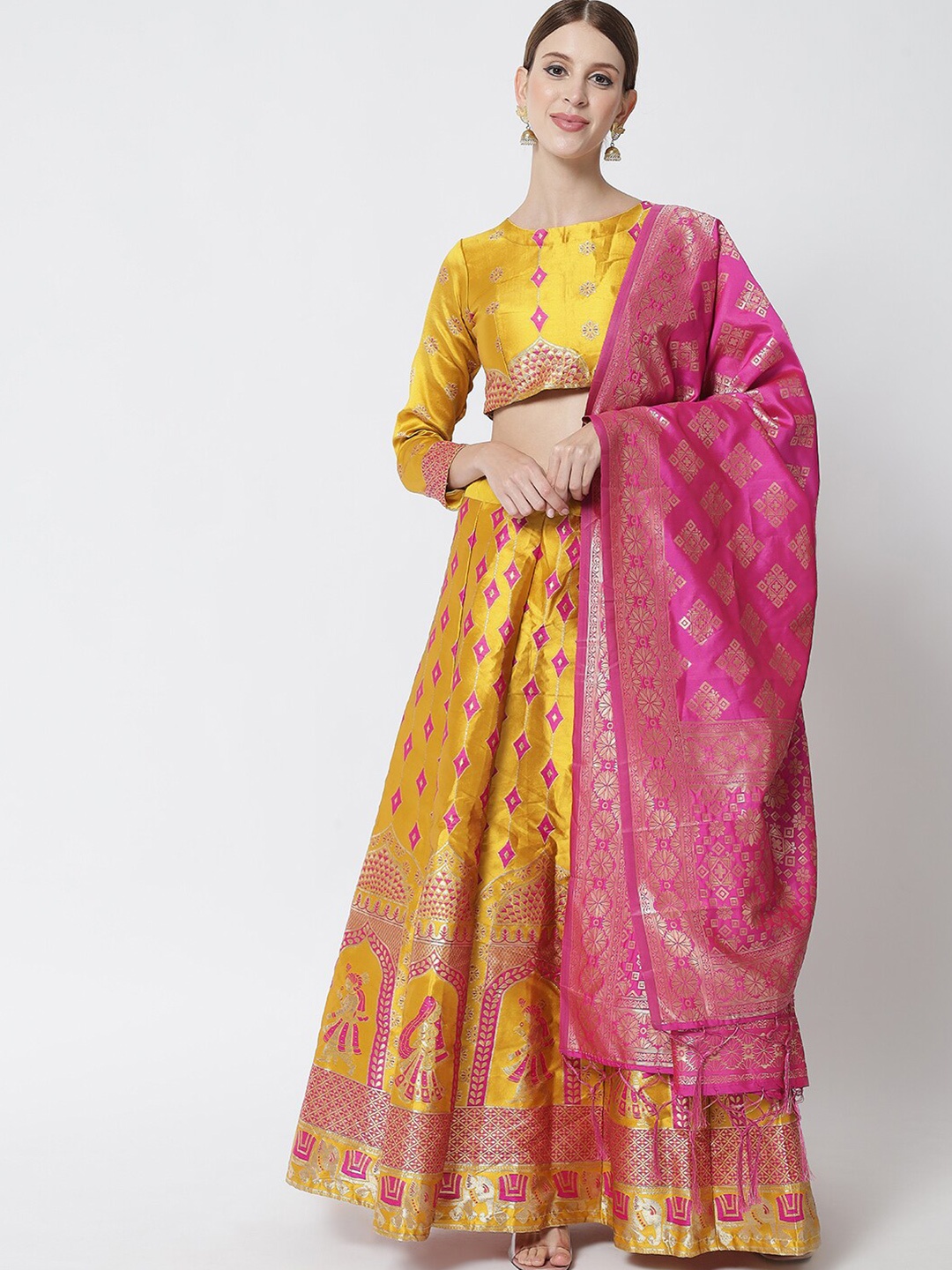 

Fabcartz Yellow & Pink Semi-Stitched Lehenga & Unstitched Blouse With Dupatta