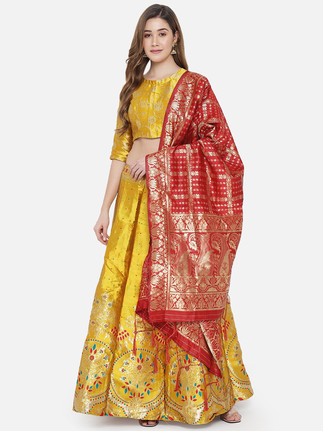 

Fabcartz Yellow & Red Semi-Stitched Lehenga & Unstitched Blouse With Dupatta