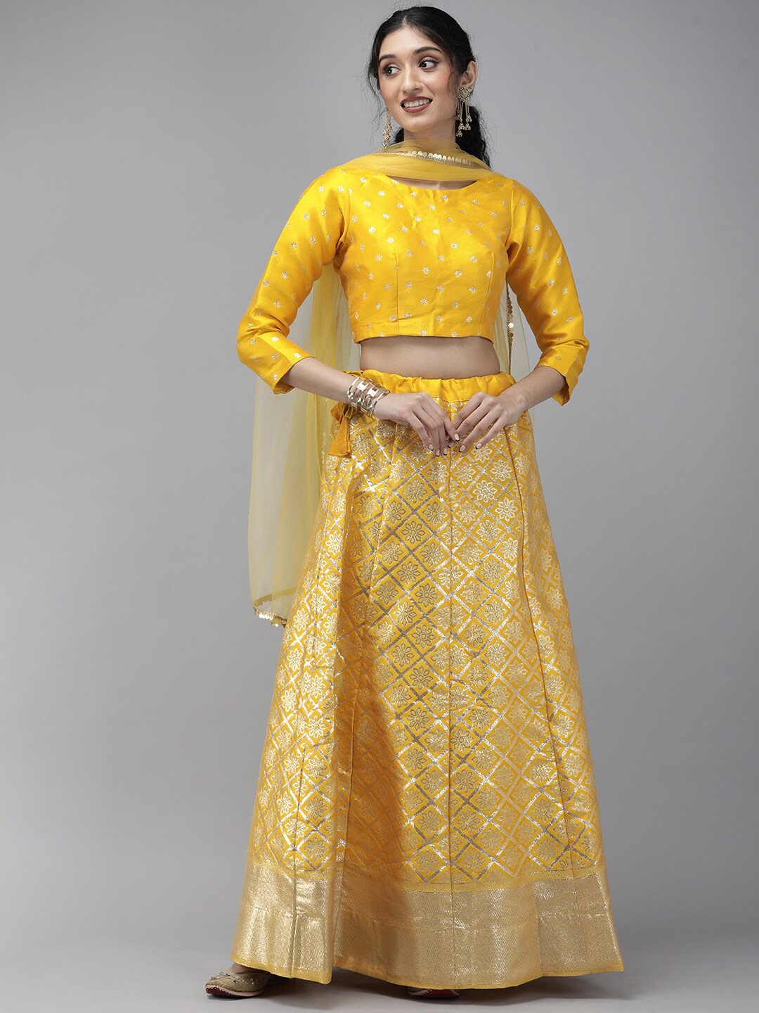 

Fabcartz Yellow & Gold-Toned Semi-Stitched Lehenga & Unstitched Blouse With Dupatta