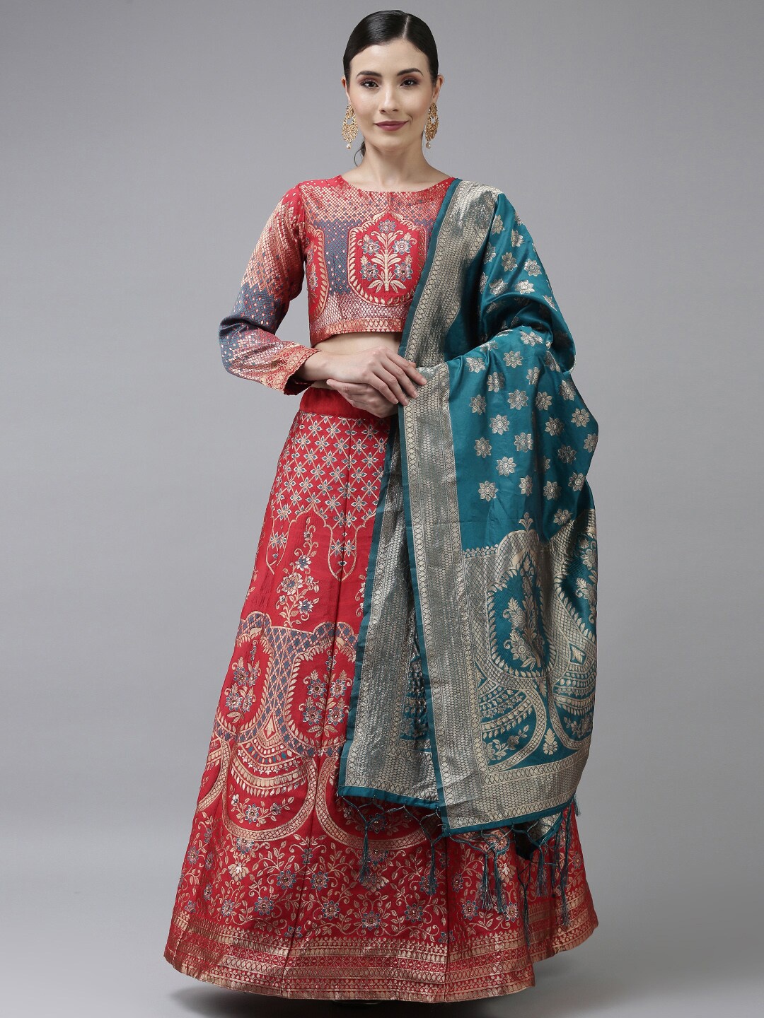 

Fabcartz Red & Turquoise Blue Semi-Stitched Lehenga & Unstitched Blouse With Dupatta