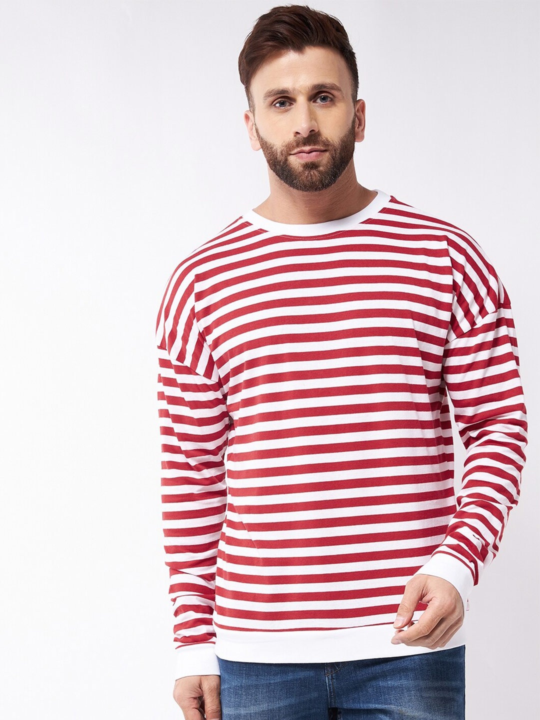 

GRITSTONES Men White and Red Striped Drop-Shoulder Sleeves T-shirt
