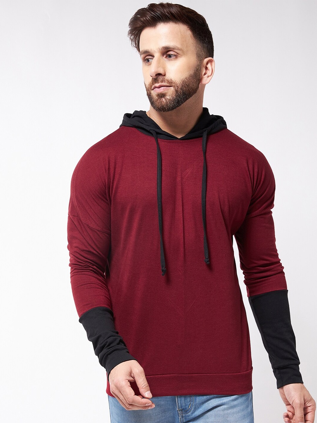 

GRITSTONES Men Maroon & Black Colourblocked Hooded T-shirt