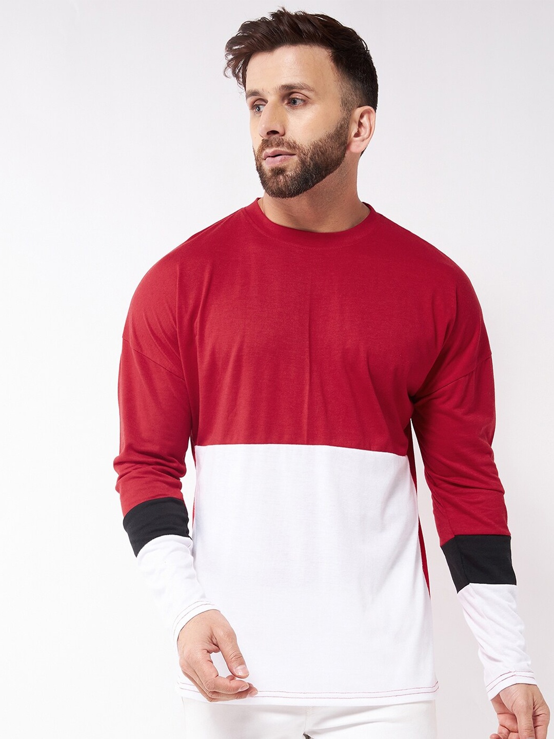 

GRITSTONES Men Red & White Colourblocked Drop-Shoulder Sleeves T-shirt