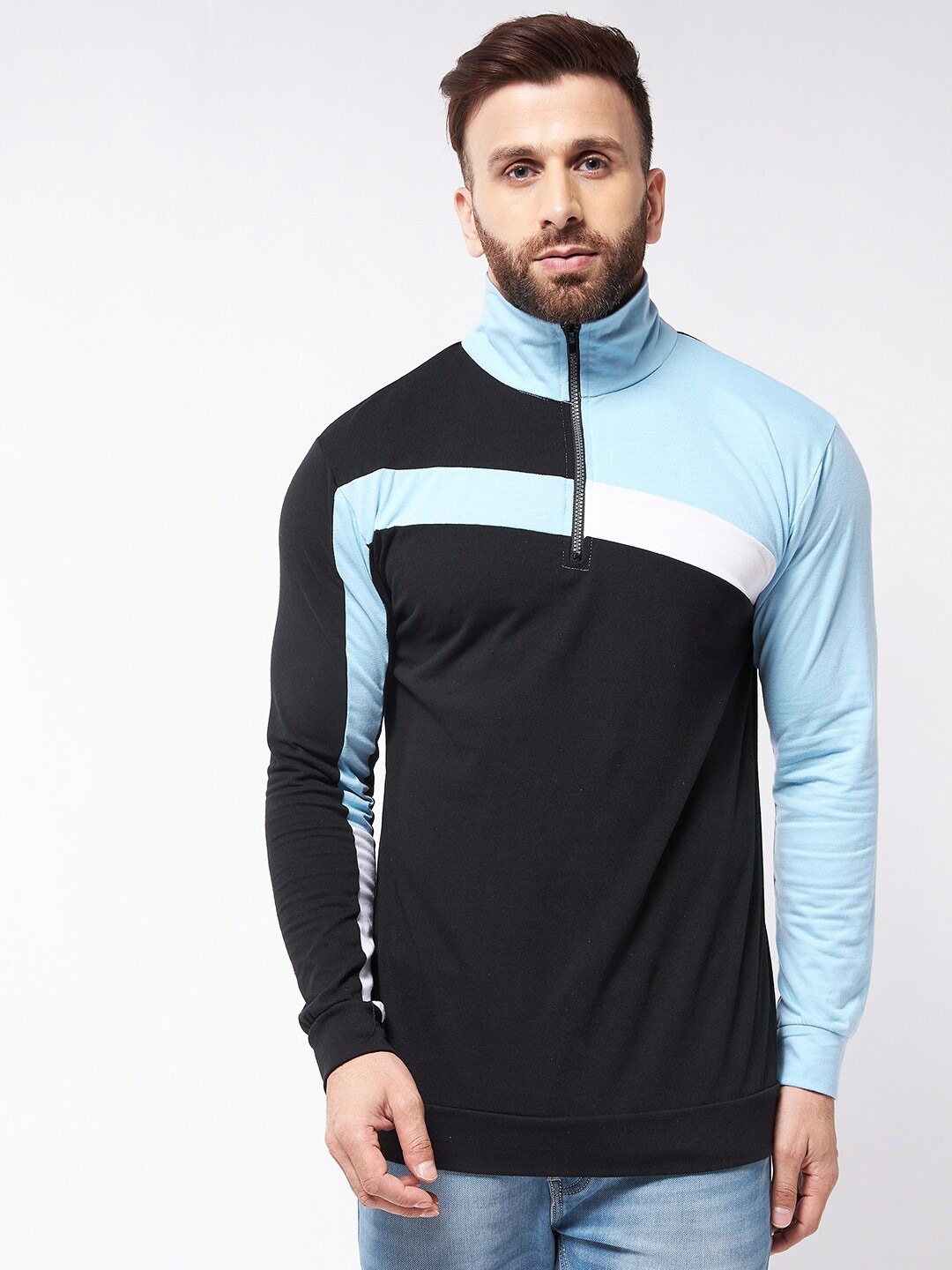 

GRITSTONES Men Black & Blue Colourblocked High Neck Cotton T-shirt