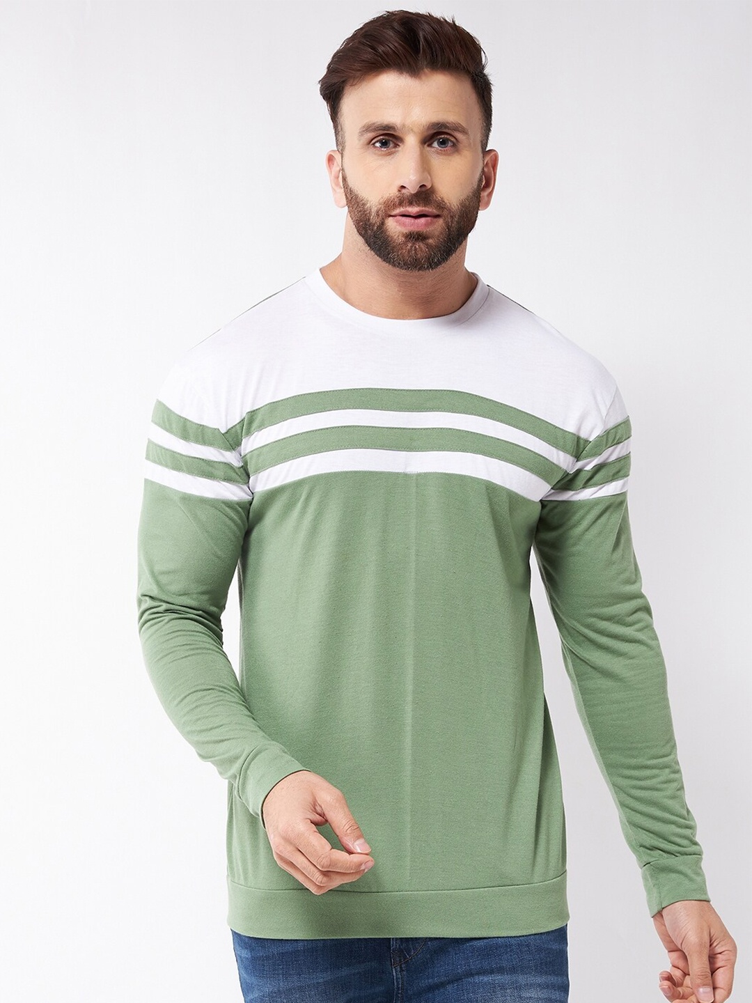 

GRITSTONES Men White & Green Striped Cotton T-shirt