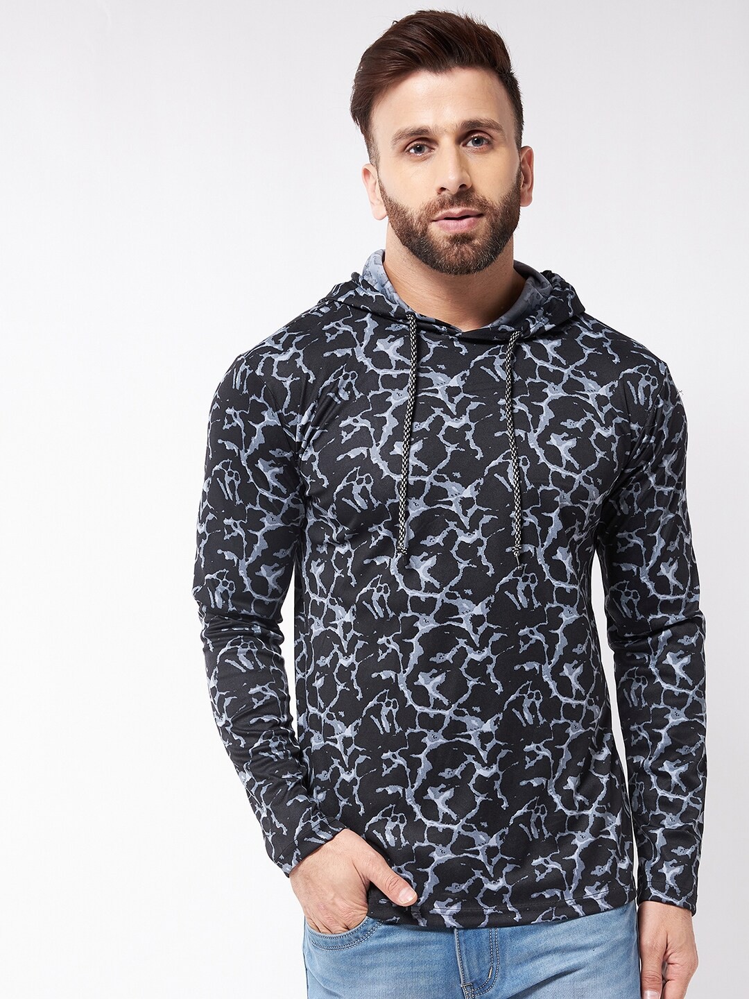 

GRITSTONES Men Black Printed Hooded T-shirt