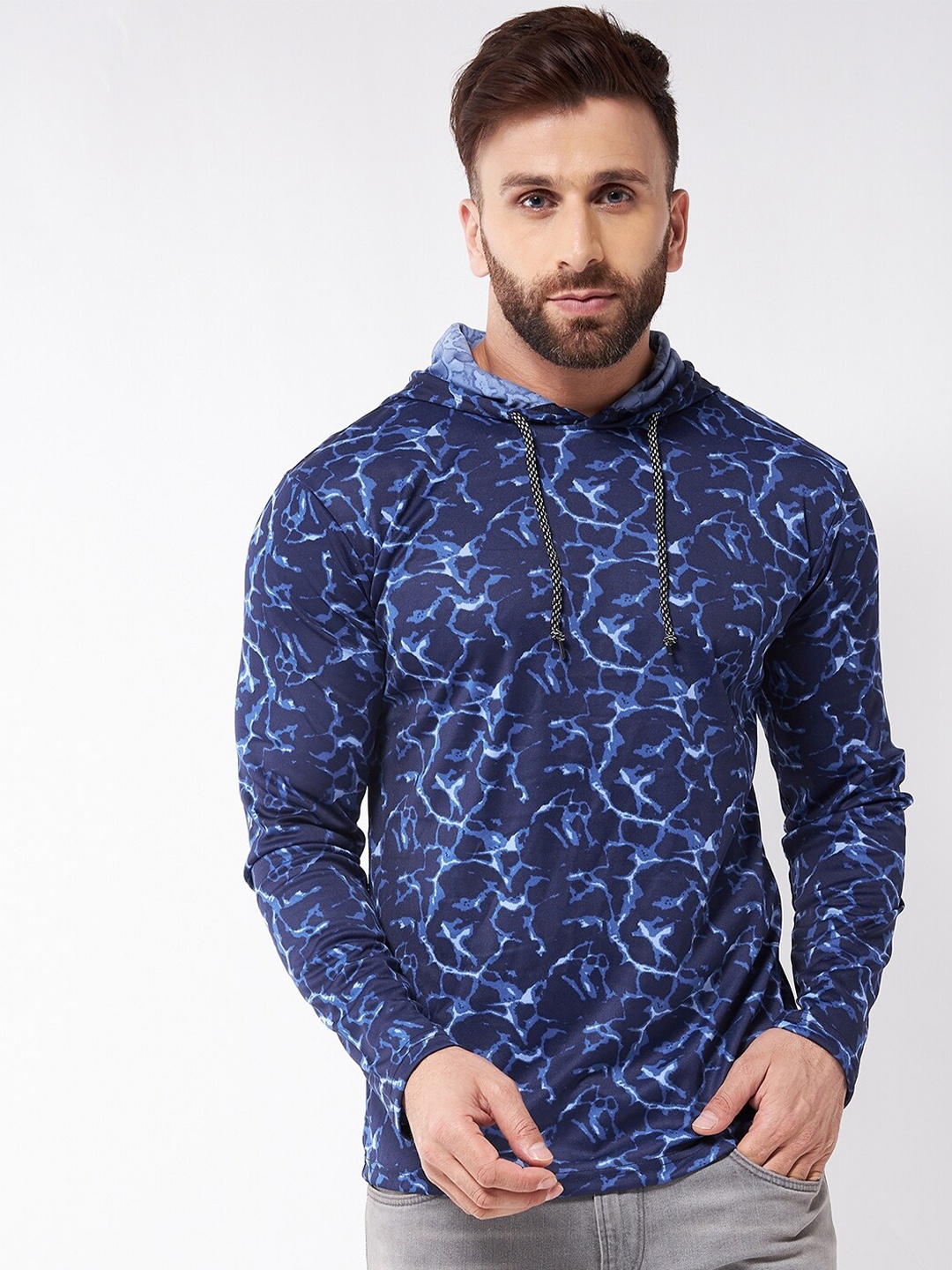 

GRITSTONES Men Blue Printed Hooded T-shirt