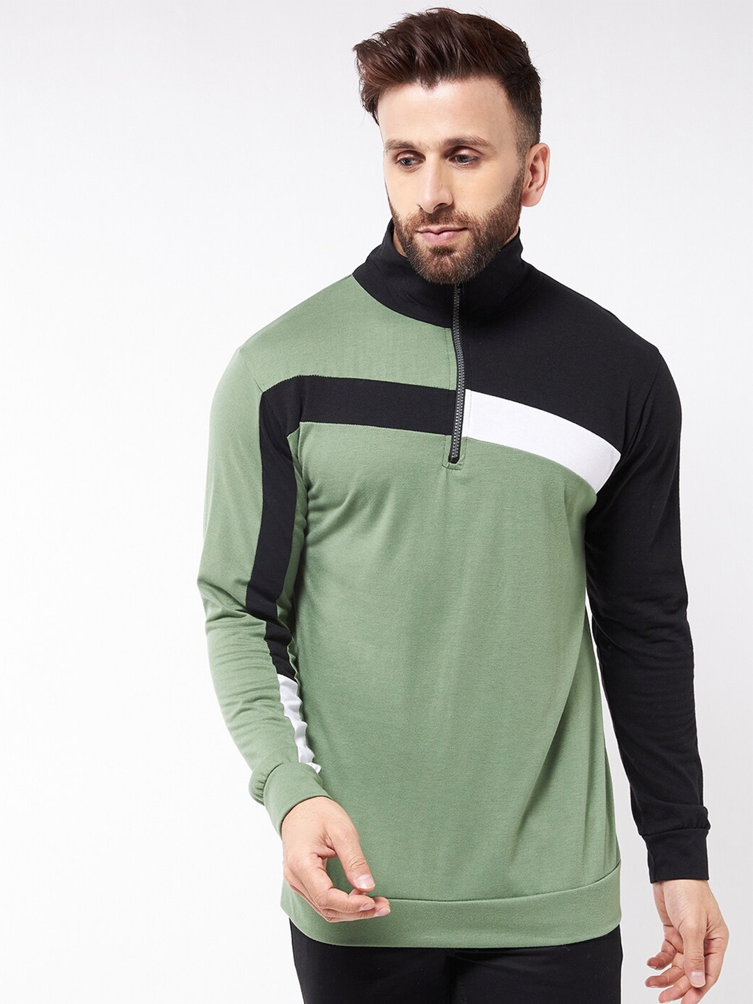 

GRITSTONES Men Green & Black Colourblocked High Neck T-shirt