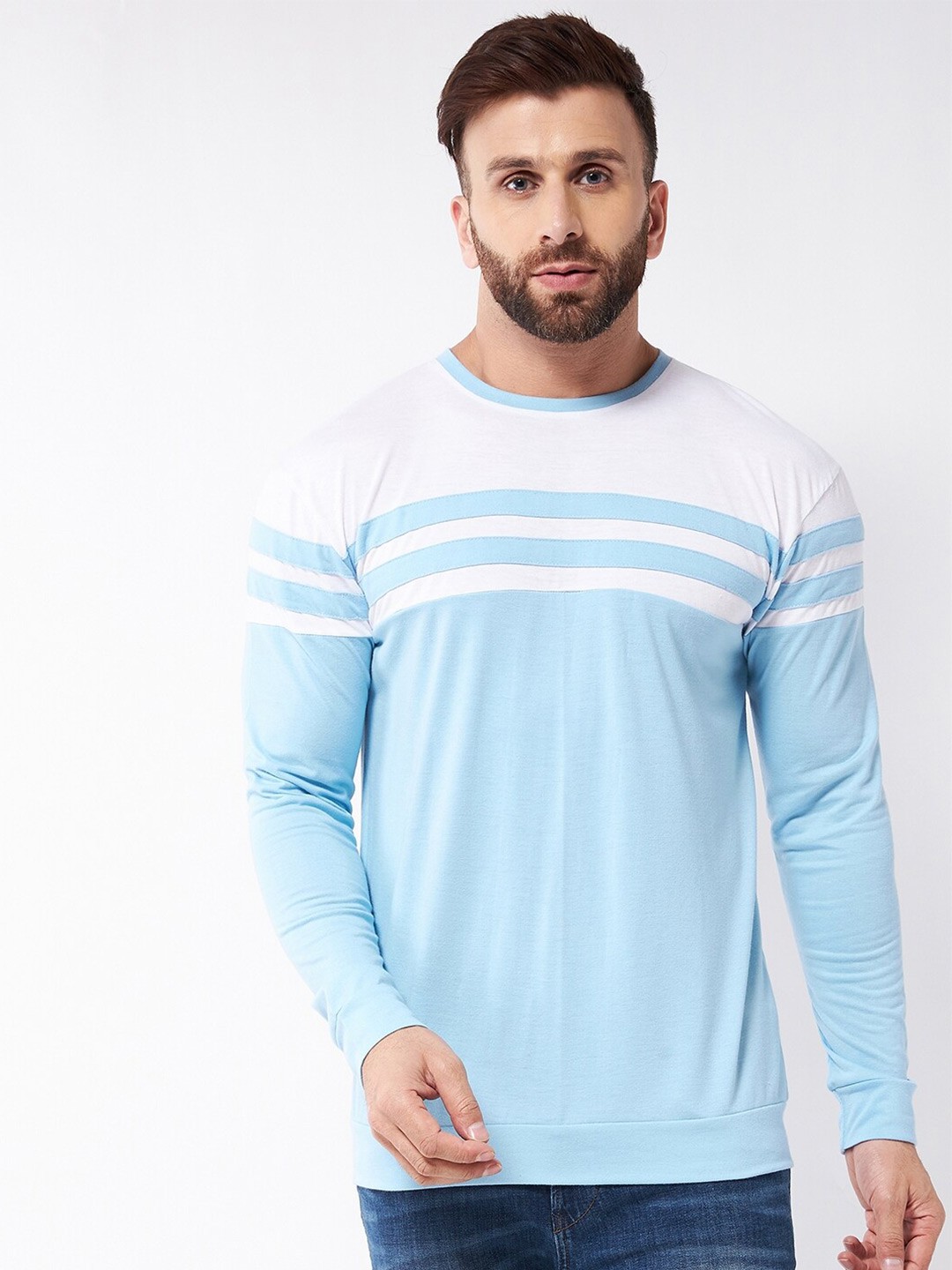 

GRITSTONES Men White Cotton Striped Round Neck T-shirt