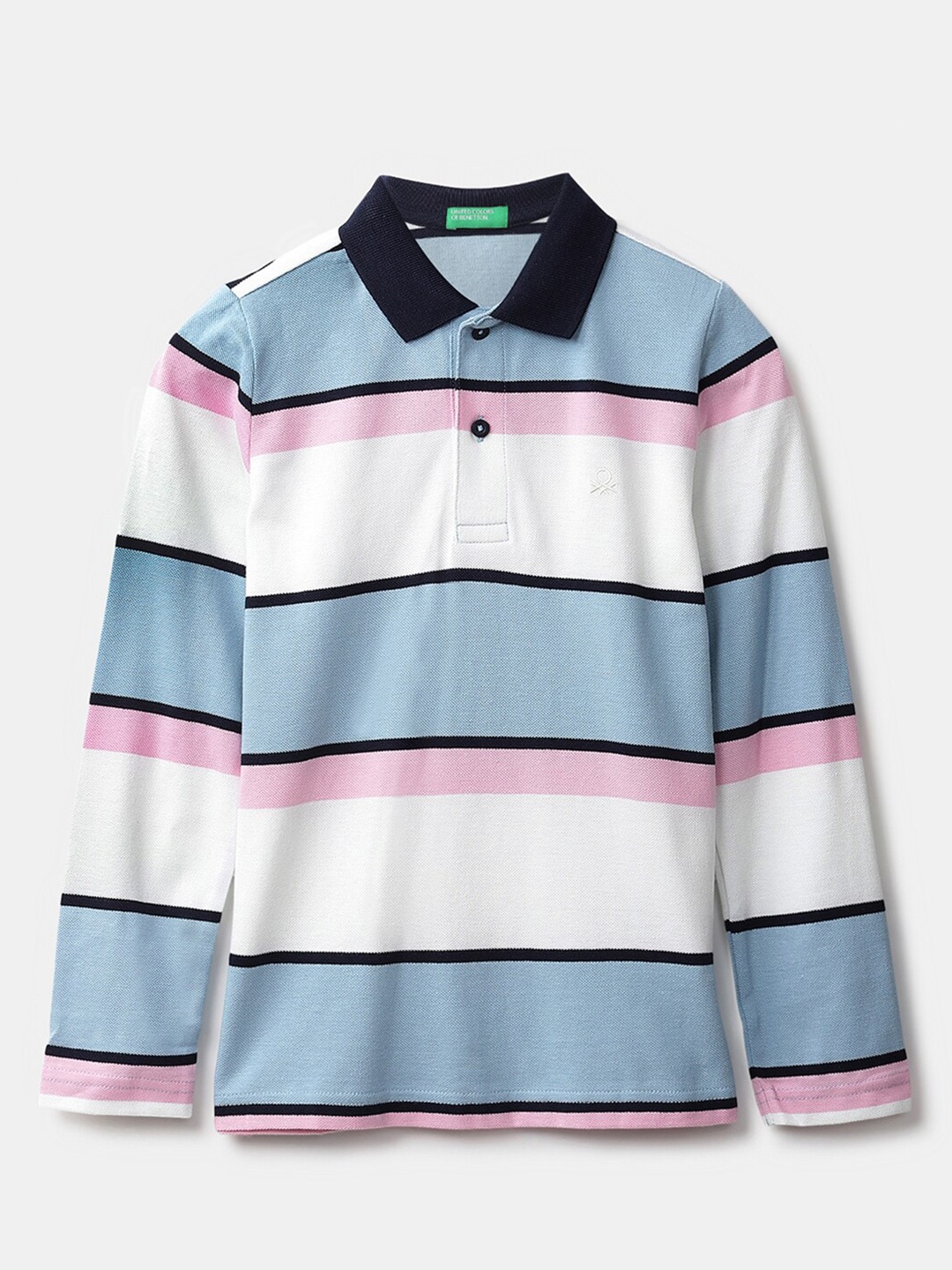 

United Colors of Benetton Boys Blue & White Striped Polo Collar T-shirt