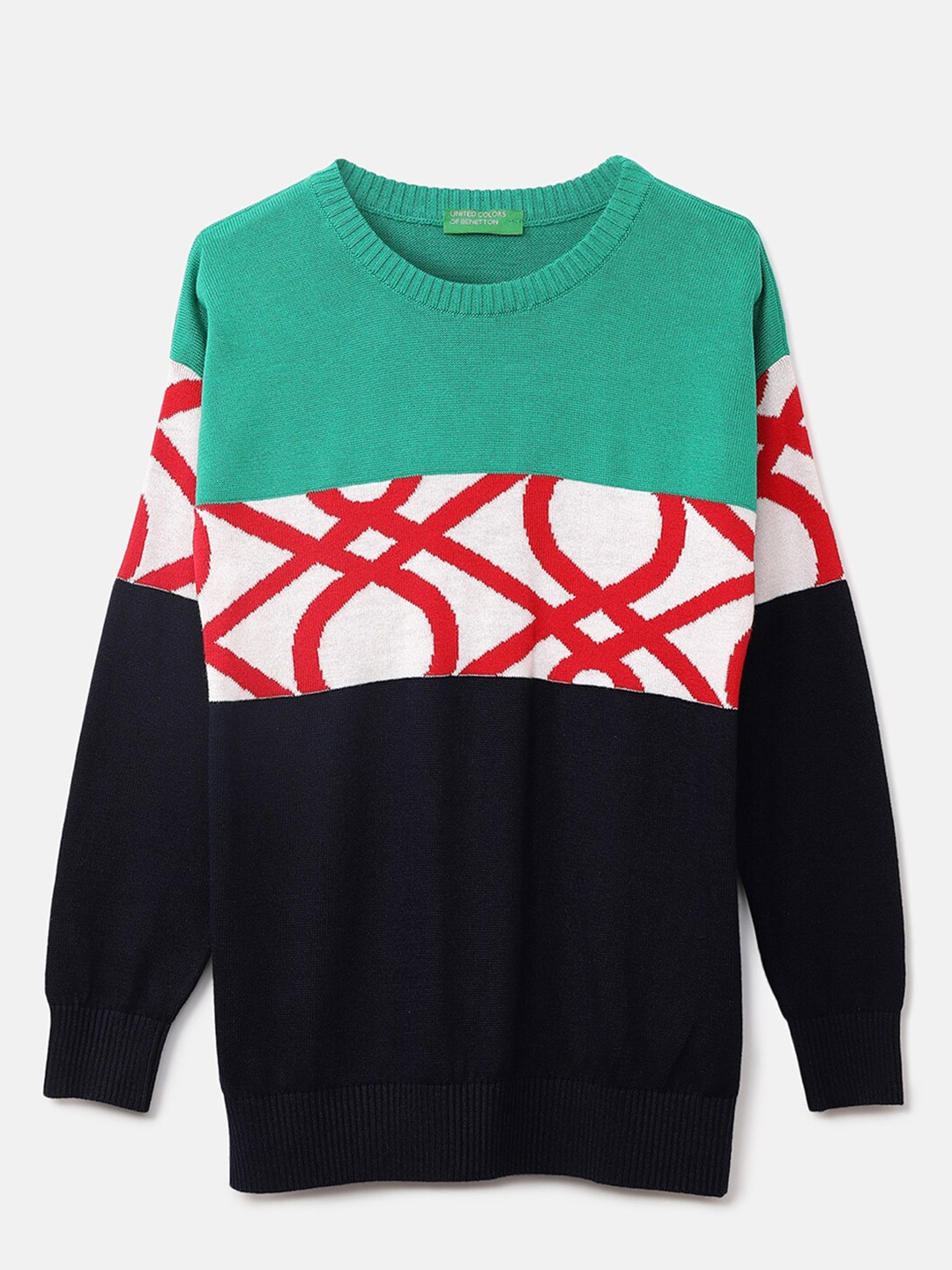 

United Colors of Benetton Boys Green & White Colourblocked Printed Pullover
