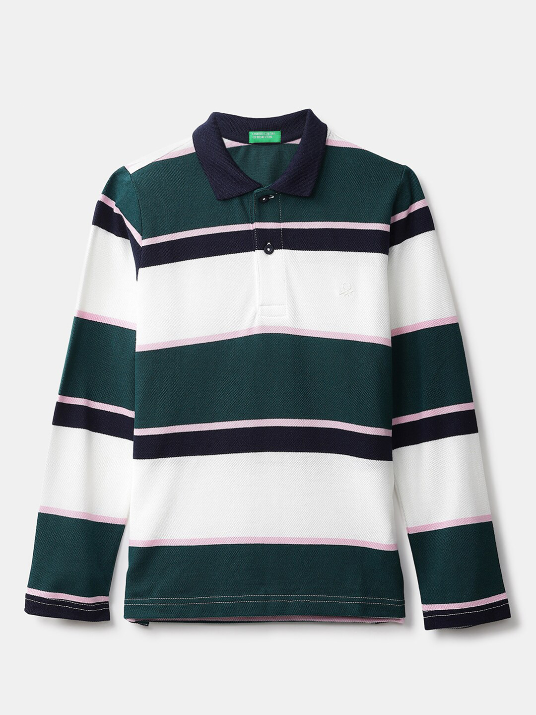 

United Colors of Benetton Boys Green & Black Striped Polo Collar Cotton T-shirt