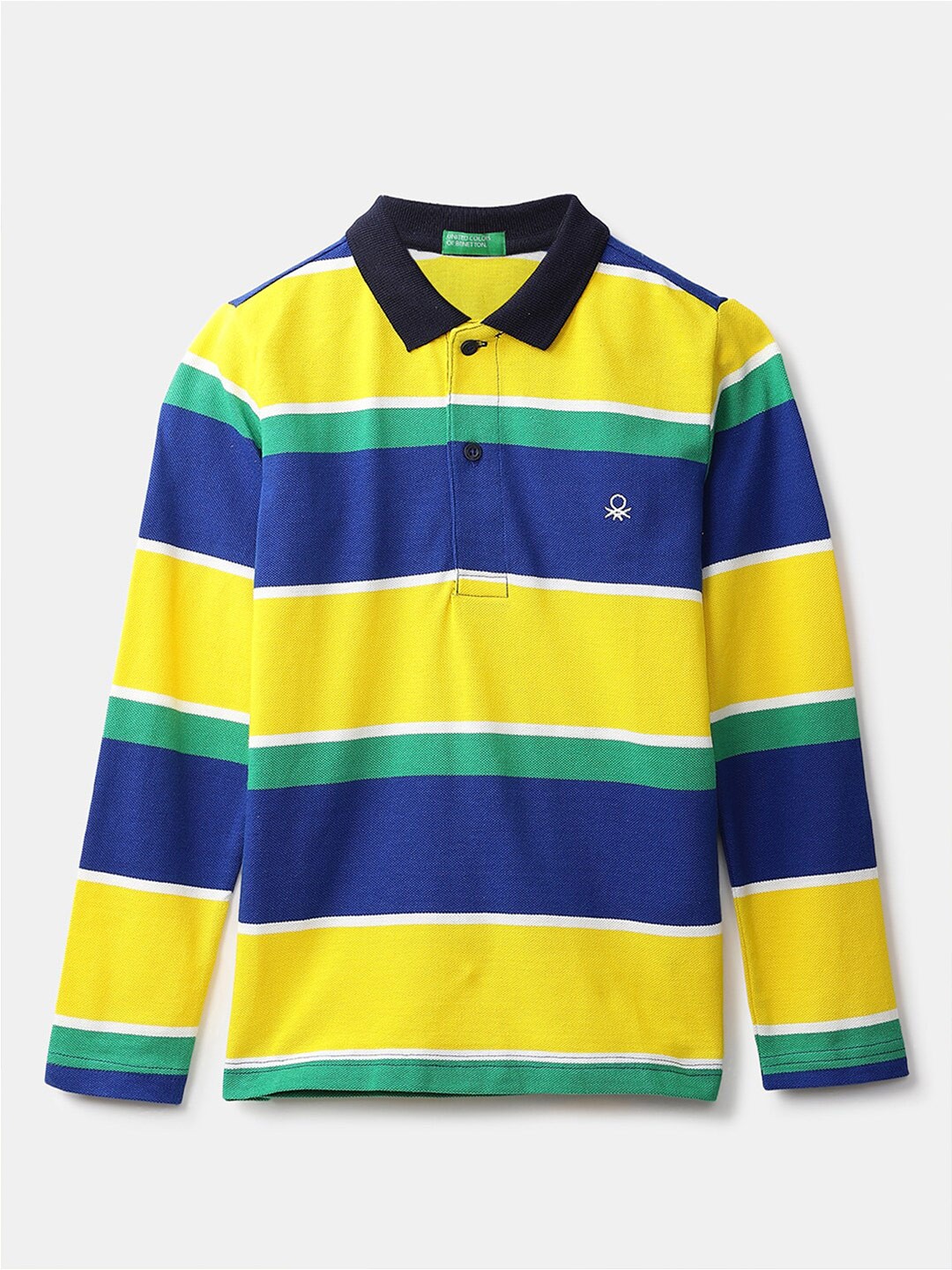 

United Colors of Benetton Boys Yellow & Navy Blue Striped Polo Collar T-shirt