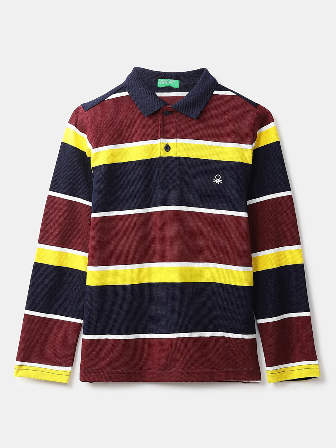 

United Colors of Benetton Boys Maroon & Yellow Striped Polo Collar T-shirt