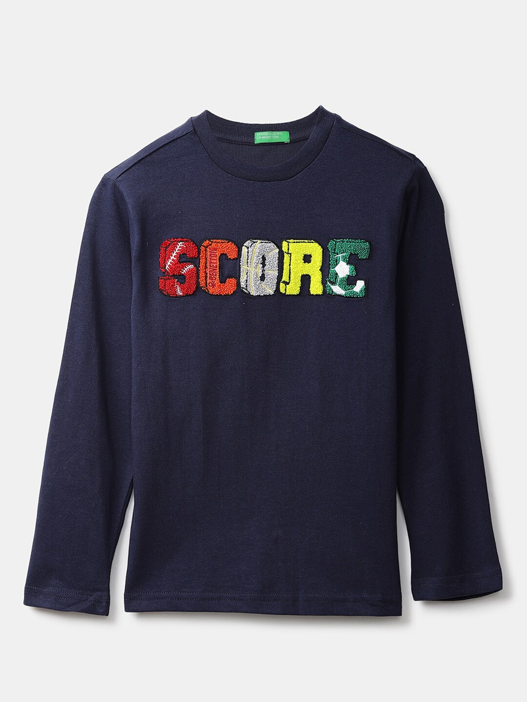 

United Colors of Benetton Boys Navy Blue Embroidered Typography Cotton T-shirt