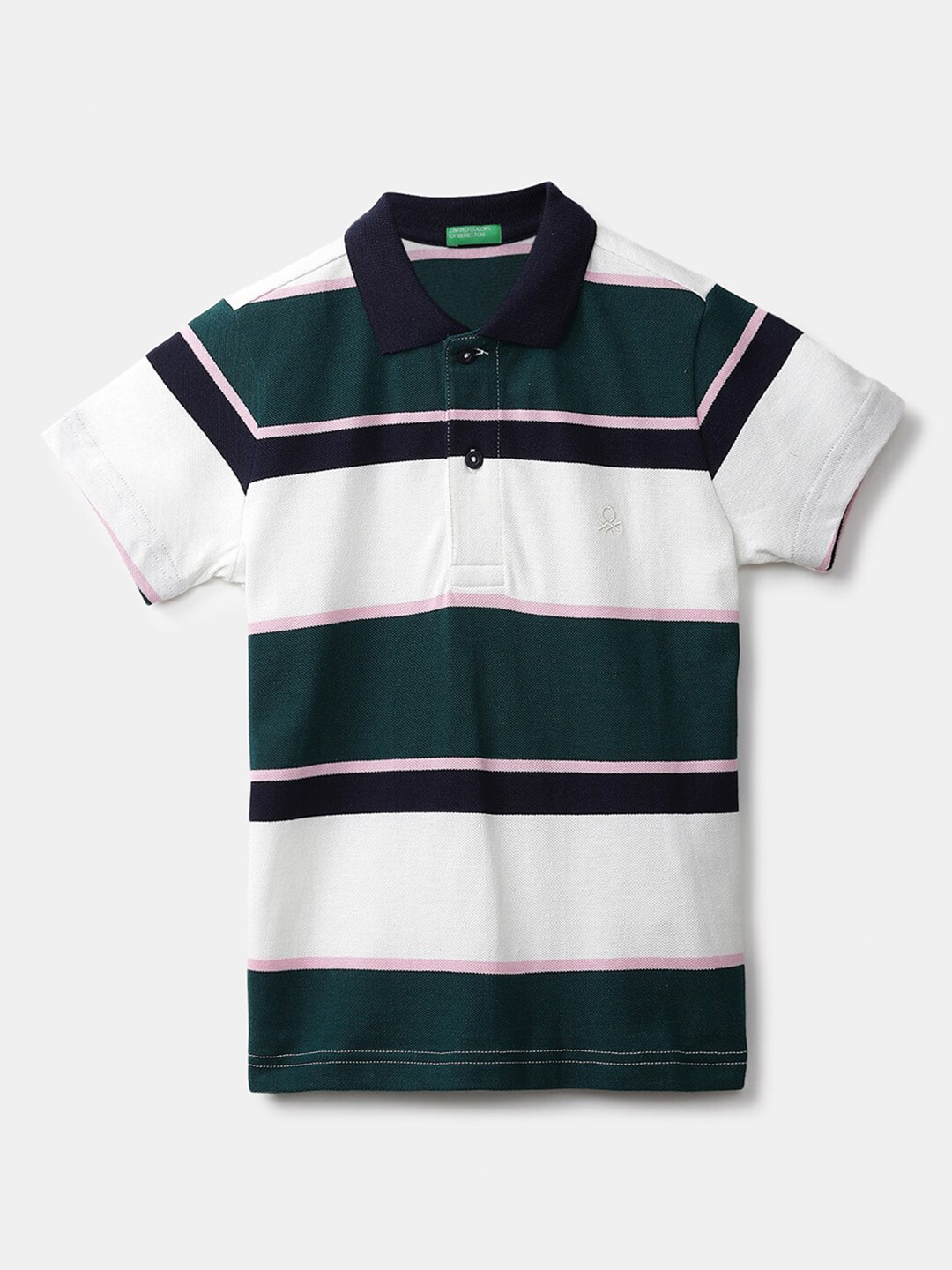 

United Colors of Benetton Boys White & Green Striped Polo Collar Cotton T-shirt
