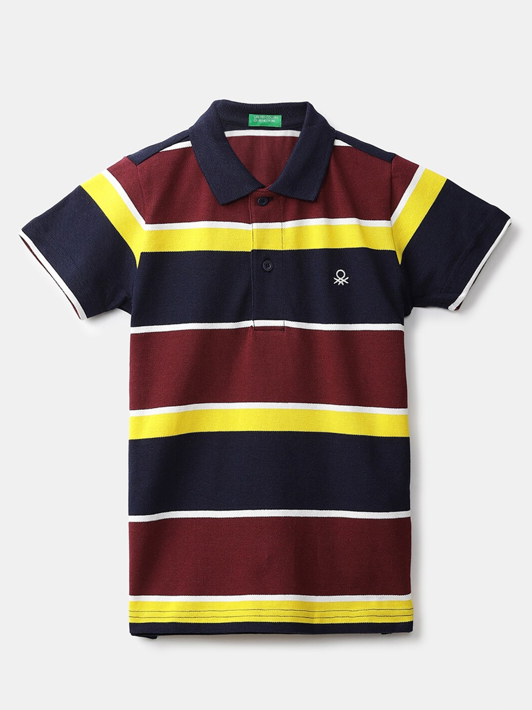 

United Colors of Benetton Boys Navy Blue & Maroon Striped Polo Collar T-shirt
