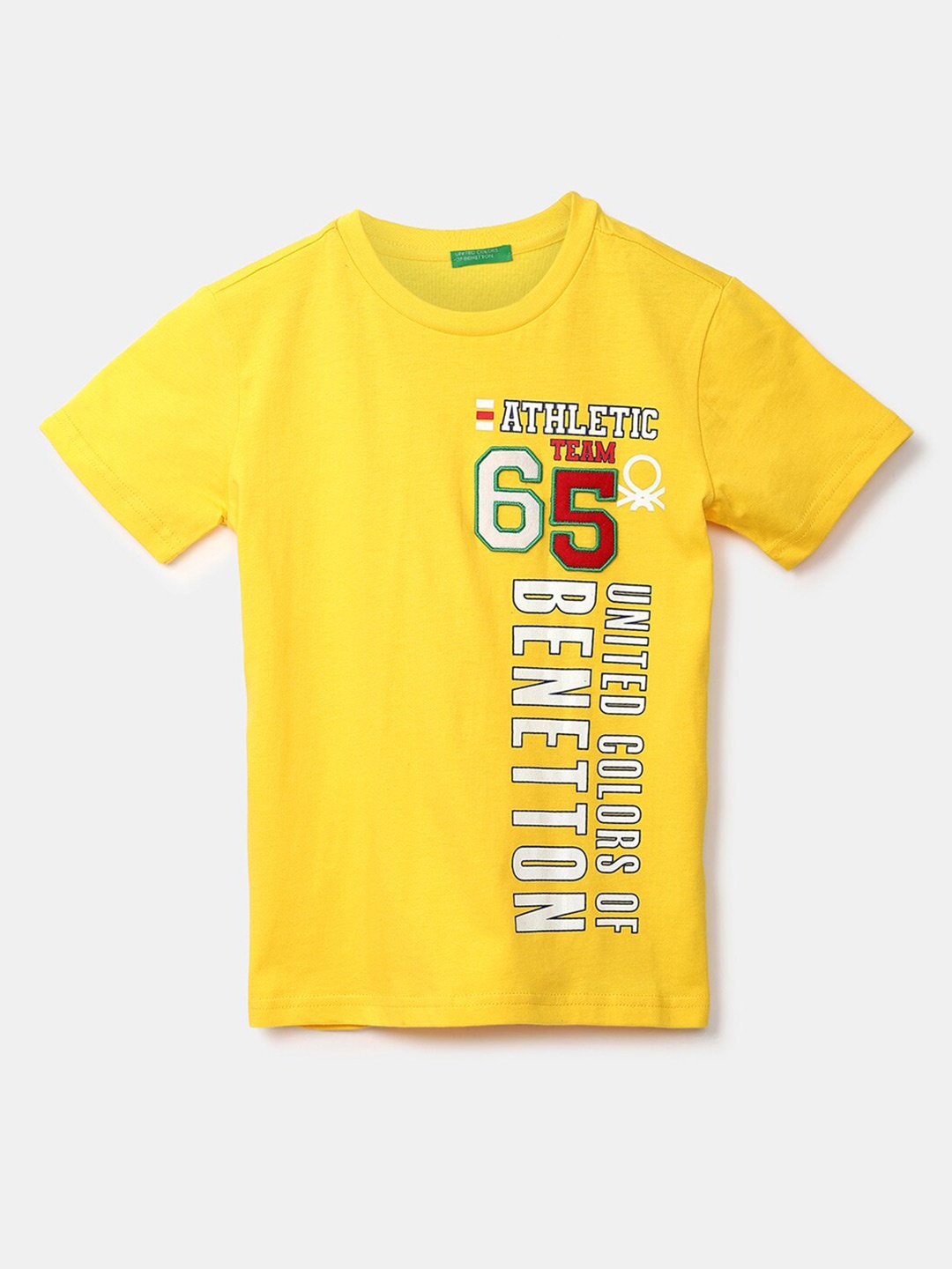 

United Colors of Benetton Boys Yellow Typography Printed Applique T-shirt