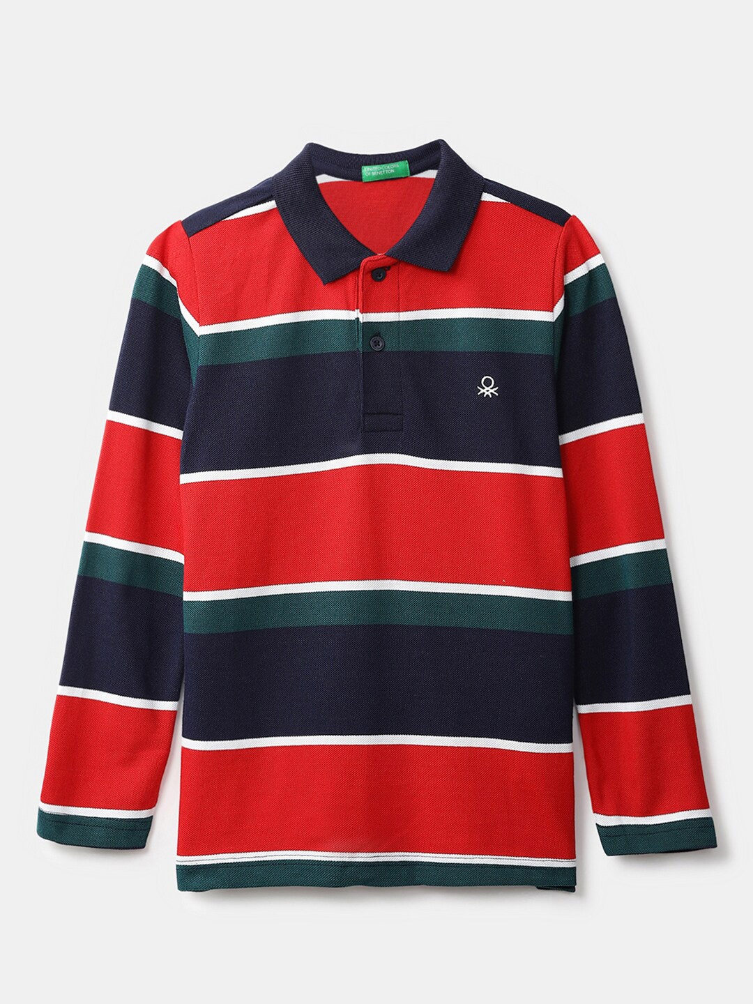 

United Colors of Benetton Boys Red & Navy Blue Striped Polo Collar T-shirt