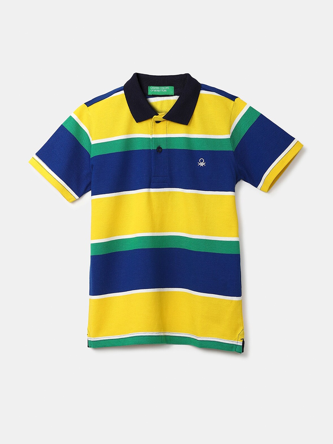 

United Colors of Benetton Boys Yellow & Blue Striped Polo Collar T-shirt