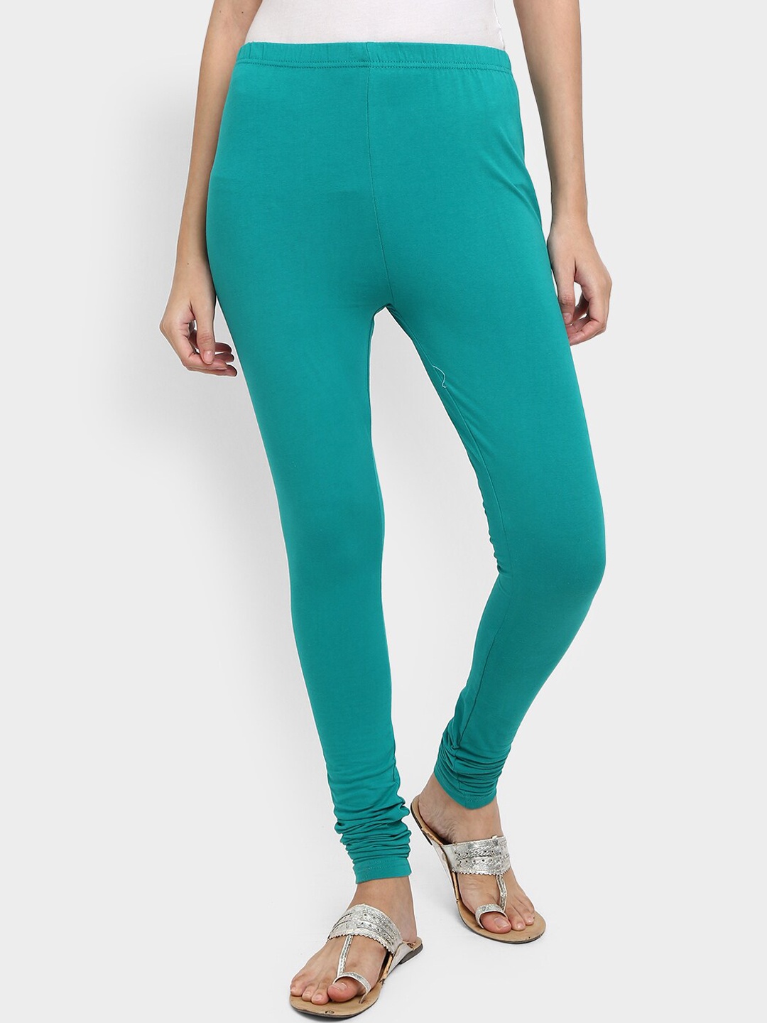 

V-Mart Women Teal Blue Solid Churidar-Length Cotton Leggings