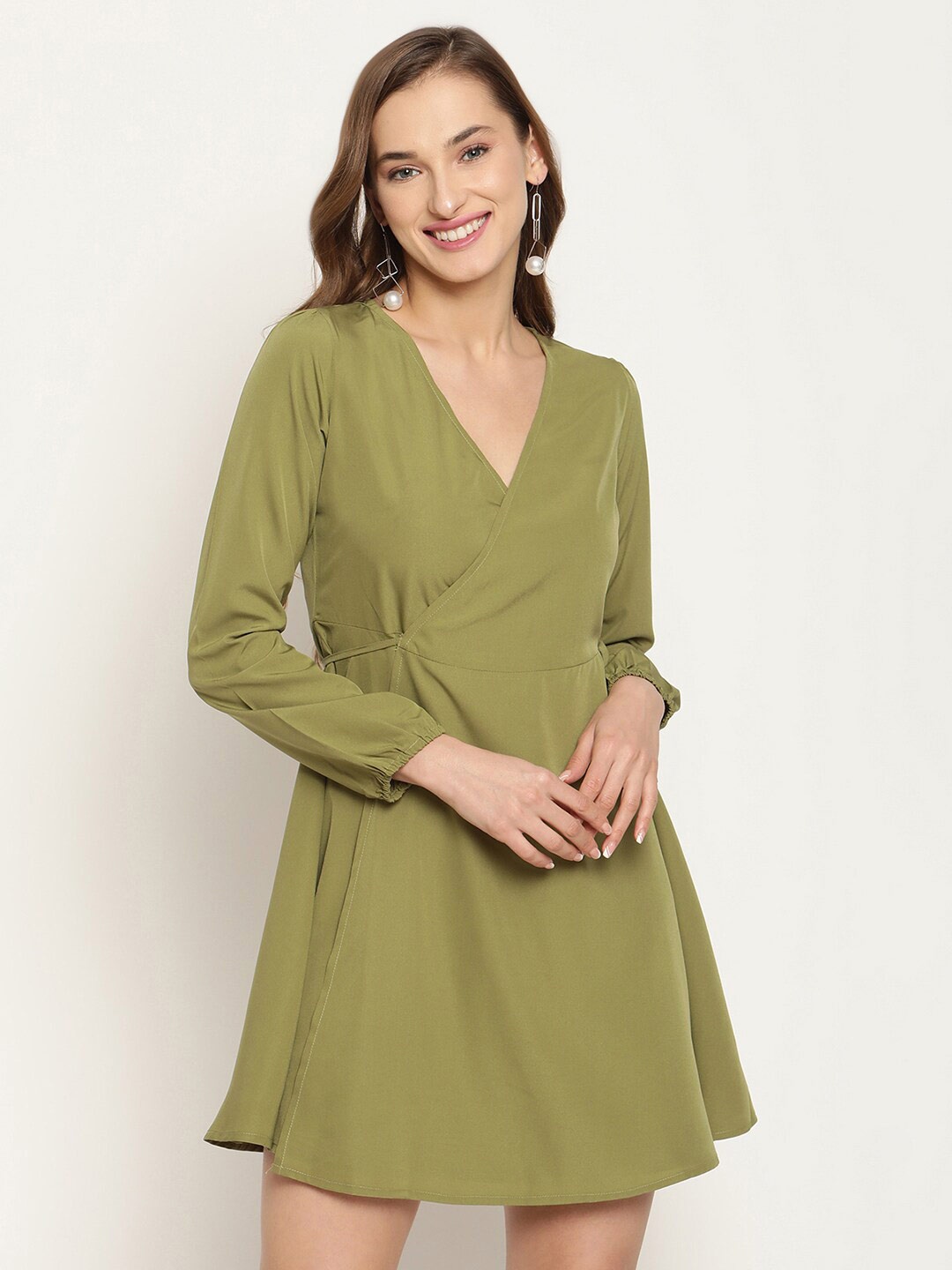 

COASTLAND Women Olive Green Solid Crepe Wrap Dress