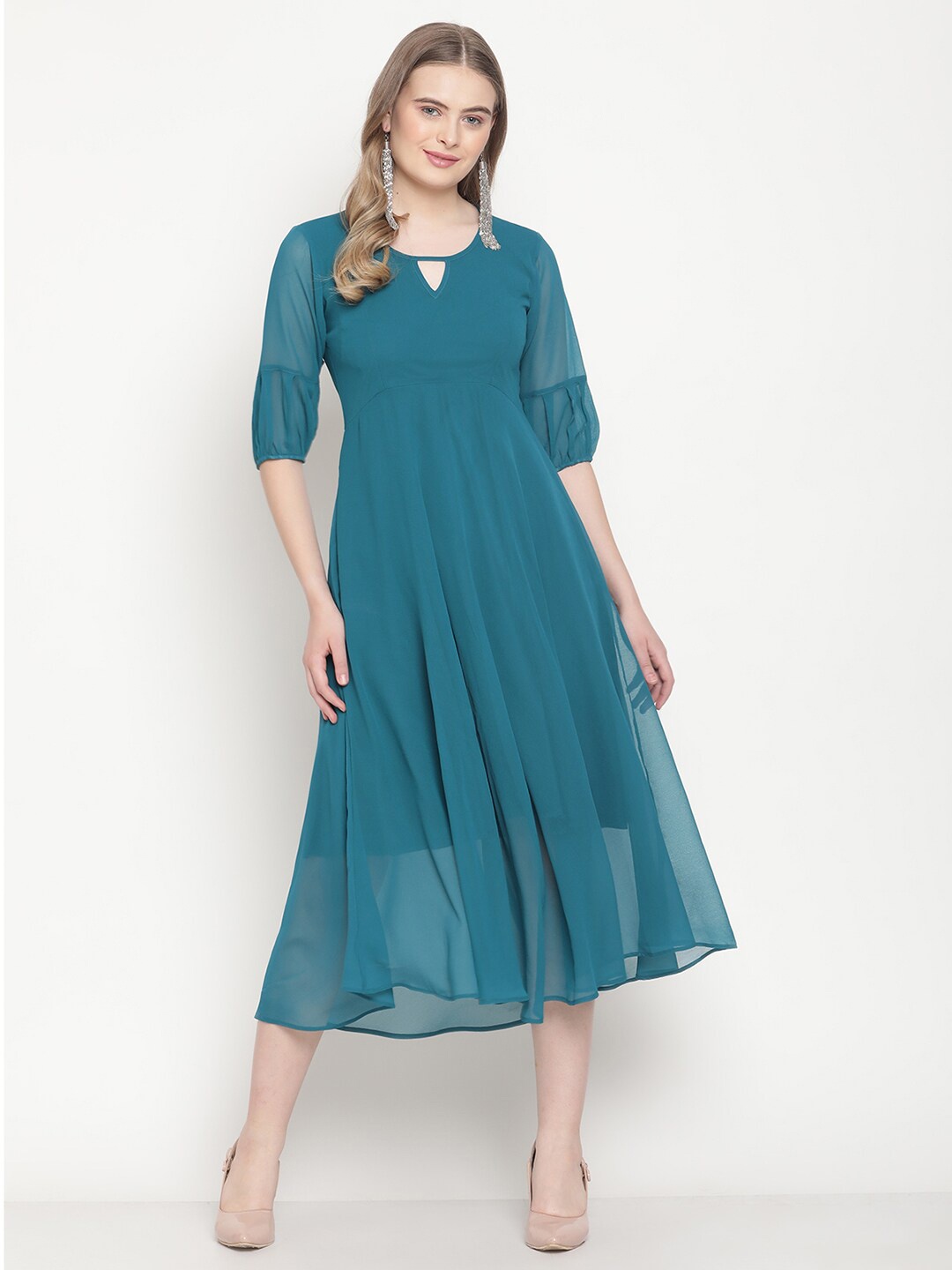 

COASTLAND Turquoise Blue Keyhole Neck Georgette Empire Midi Dress