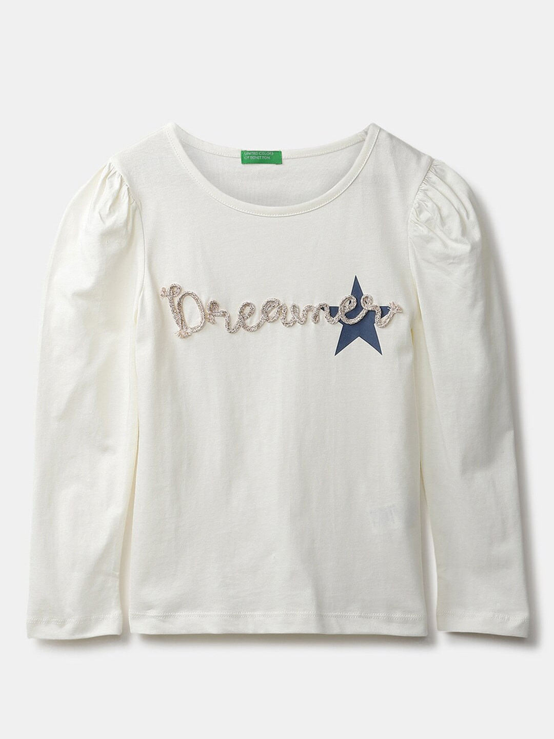 

United Colors of Benetton Girls White & Gold-Toned Regular Cotton Top