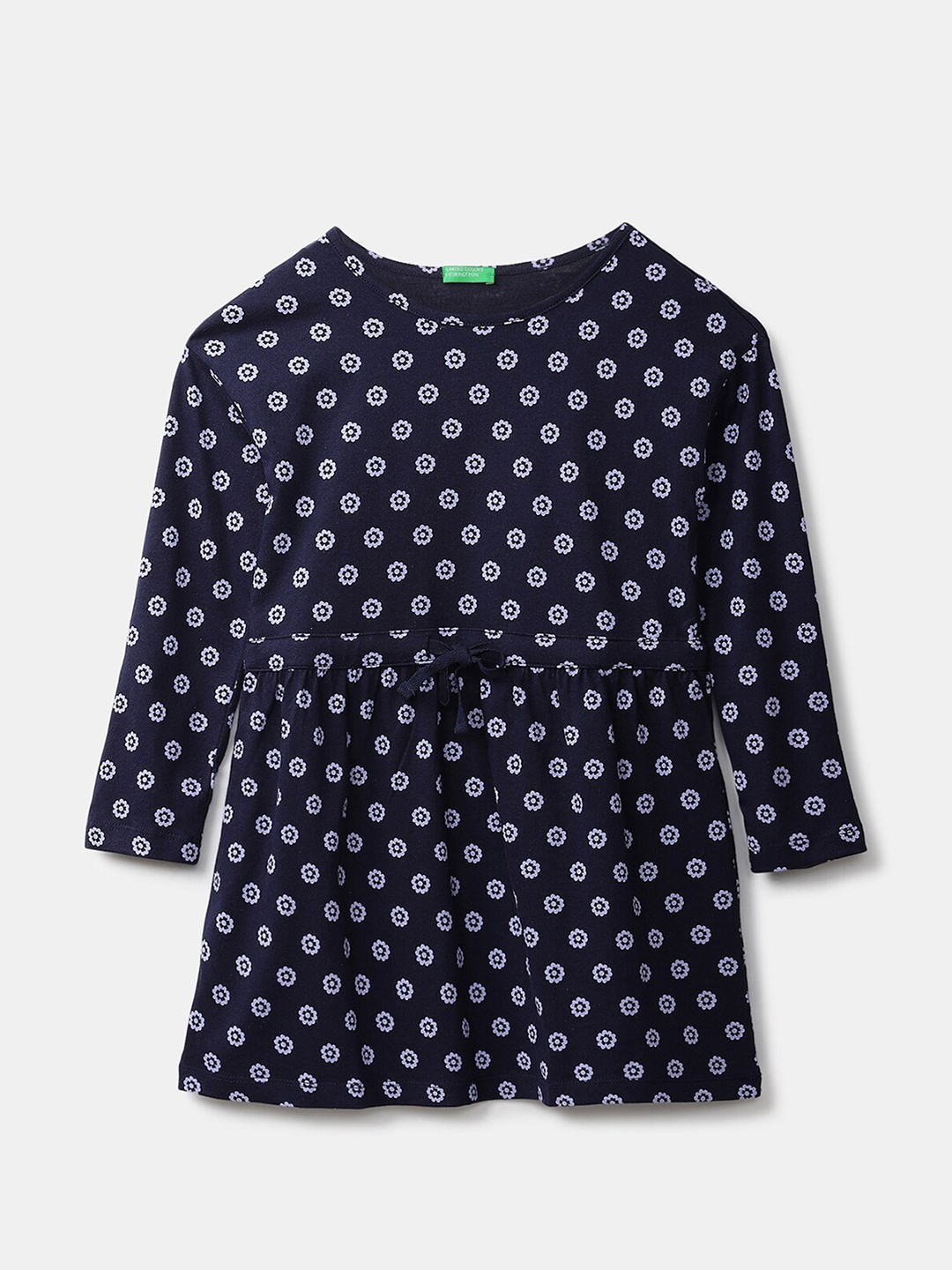 

United Colors of Benetton Girls Navy Blue & White Floral Printed Cotton Fit & Flare Dress