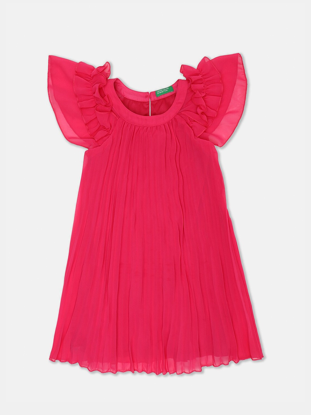 

United Colors of Benetton Girls Pink Solid Pleated Flutter Sleeves A-Line Dress