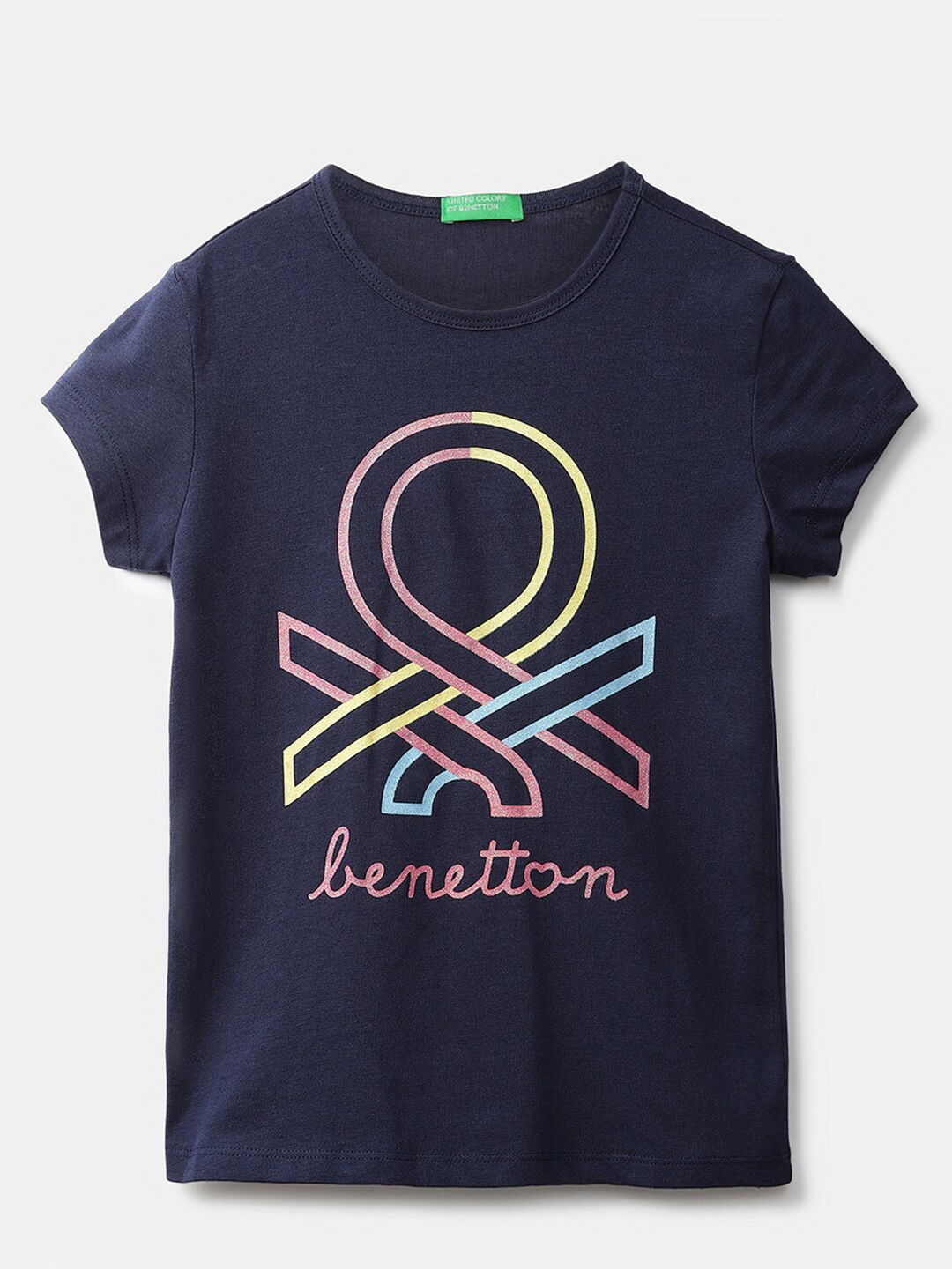 

United Colors of Benetton Girls Navy Blue Printed Pure Cotton T-shirt