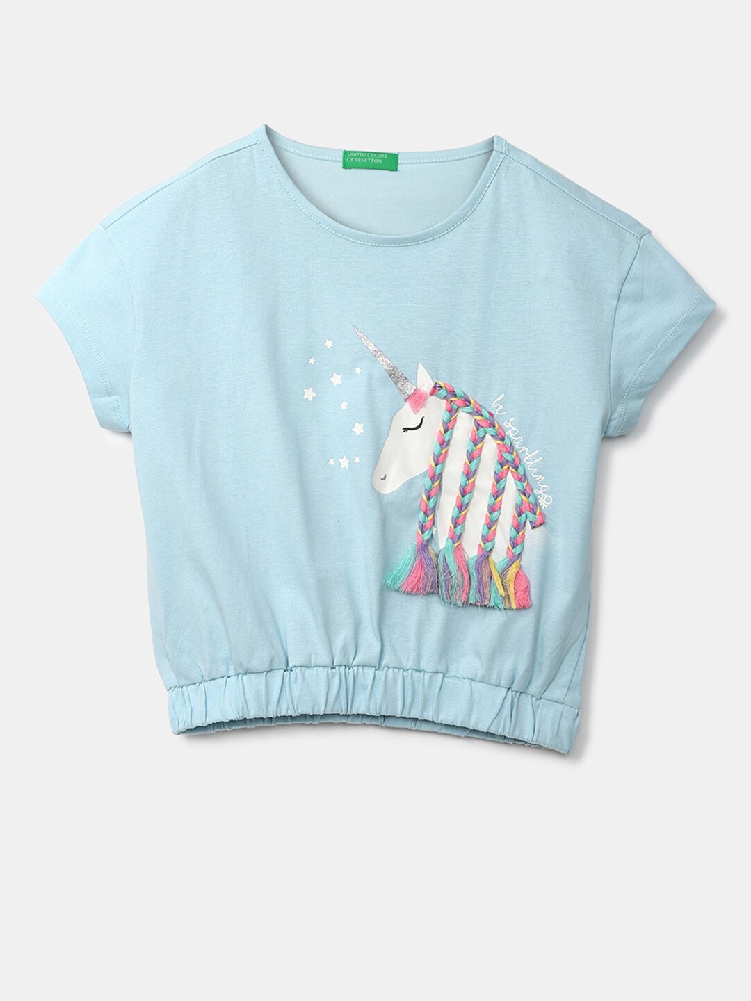 

United Colors of Benetton Girls Blue Print Extended Sleeves Pure Cotton Blouson Top